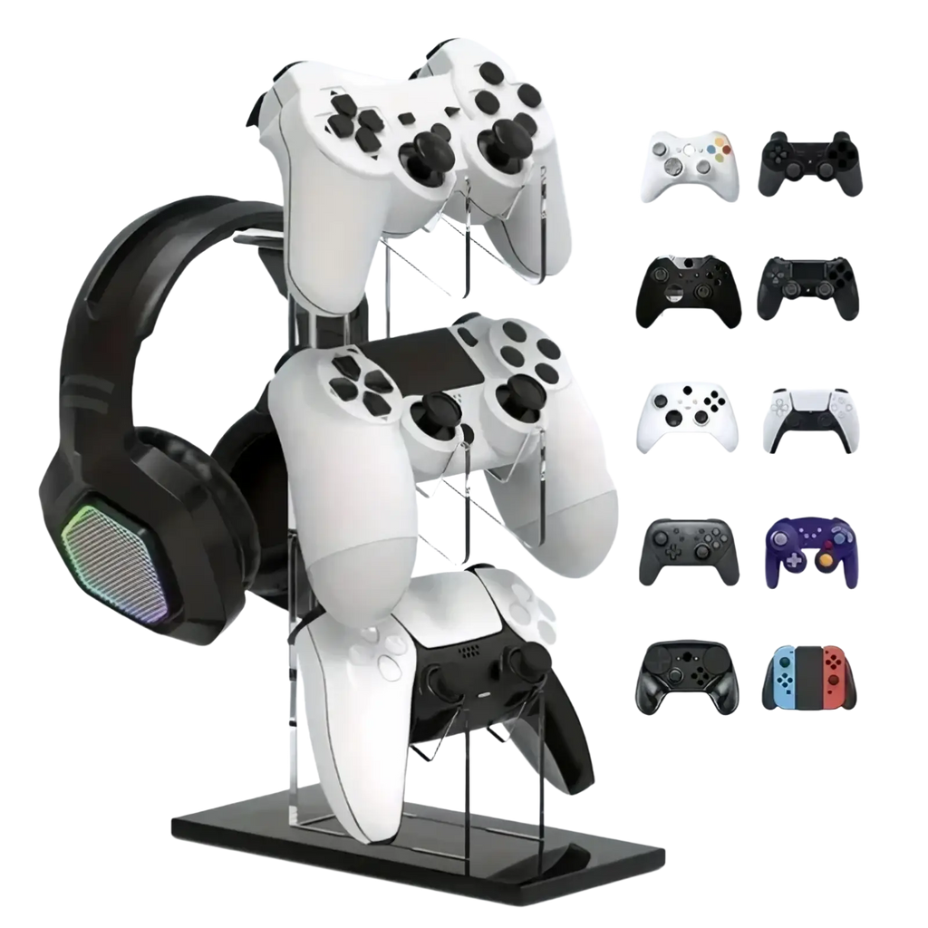 Clear acrylic gaming controller stand and headset holder with black base holding white PlayStation controllers and black RGB headphones