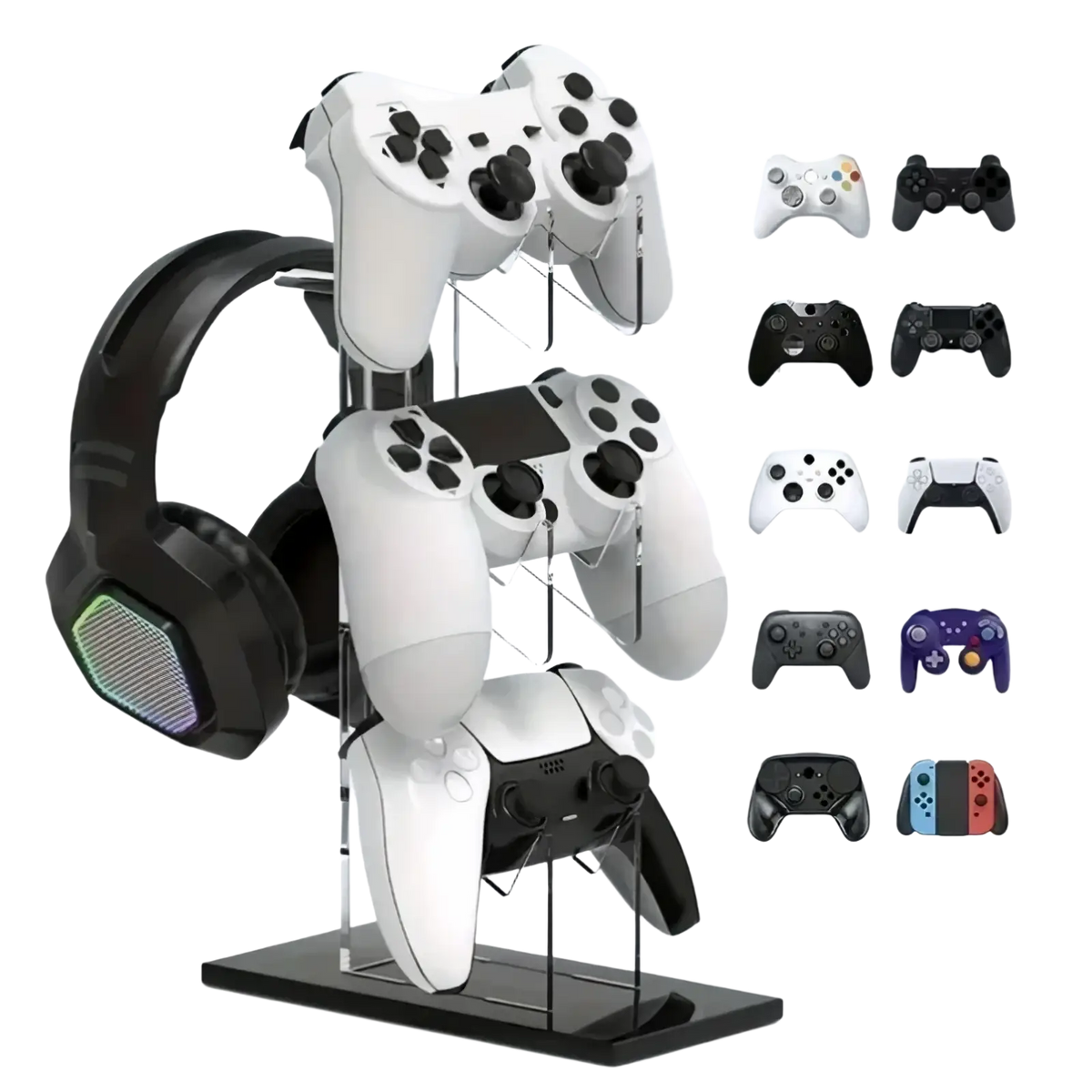 Clear acrylic gaming controller stand and headset holder with black base holding white PlayStation controllers and black RGB headphones