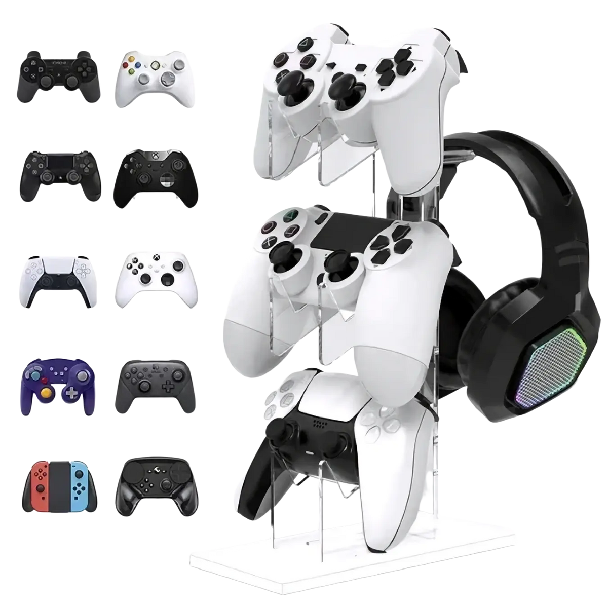 Clear acrylic gaming controller stand and headset holder displaying multiple white PlayStation controllers and a black RGB headset