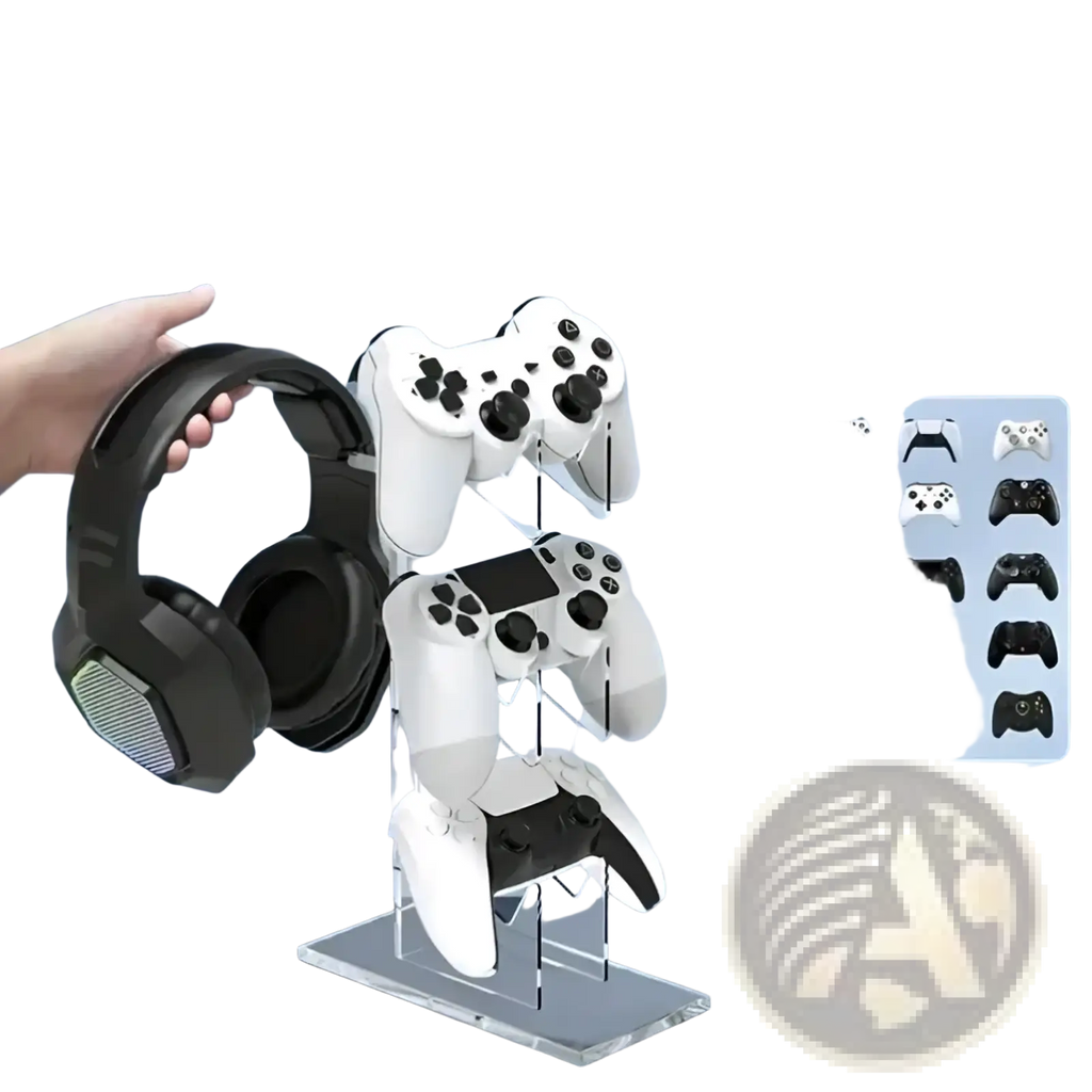 Clear acrylic gaming controller stand and headset holder displaying multiple white and black controllers
