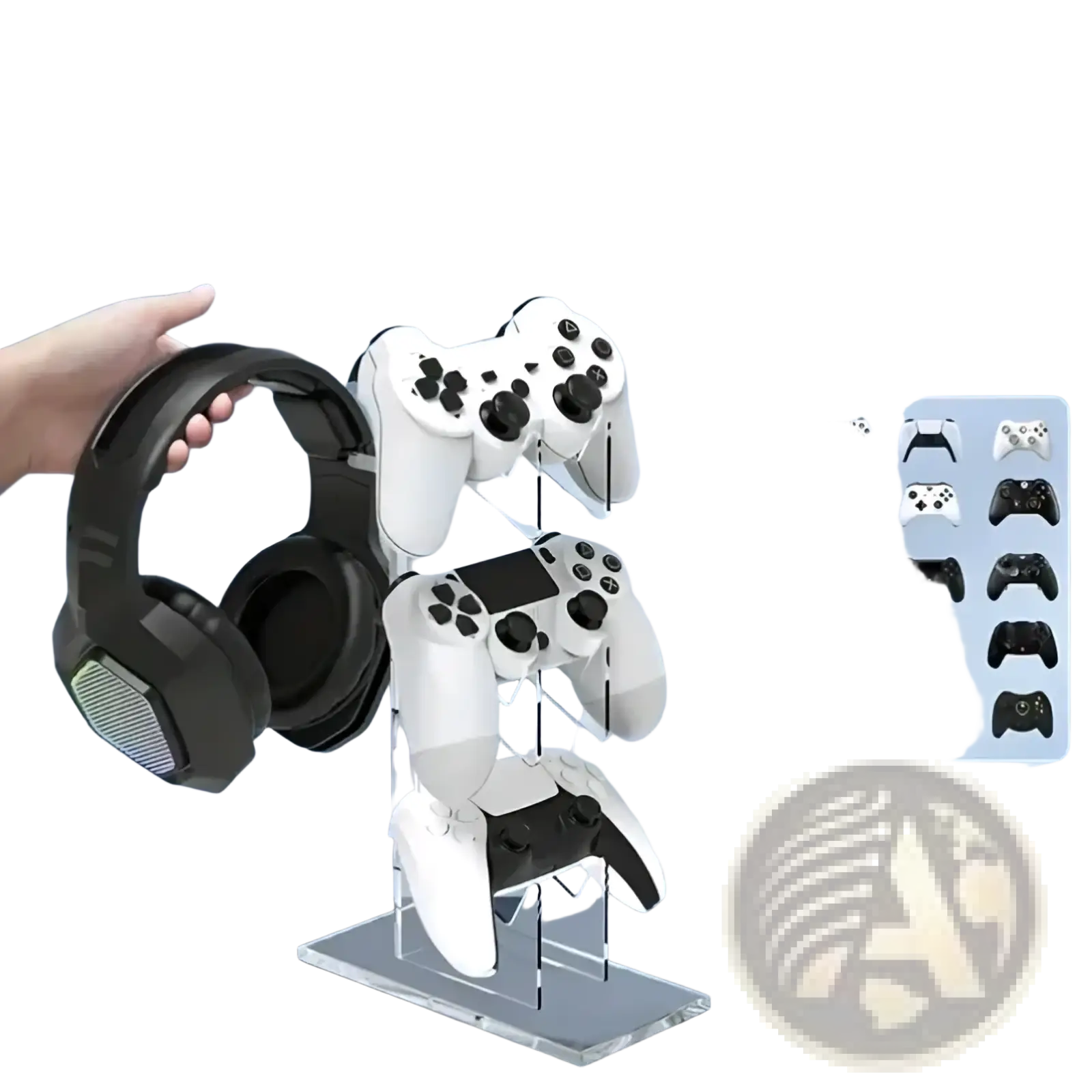 Clear acrylic gaming controller stand and headset holder displaying multiple white and black controllers