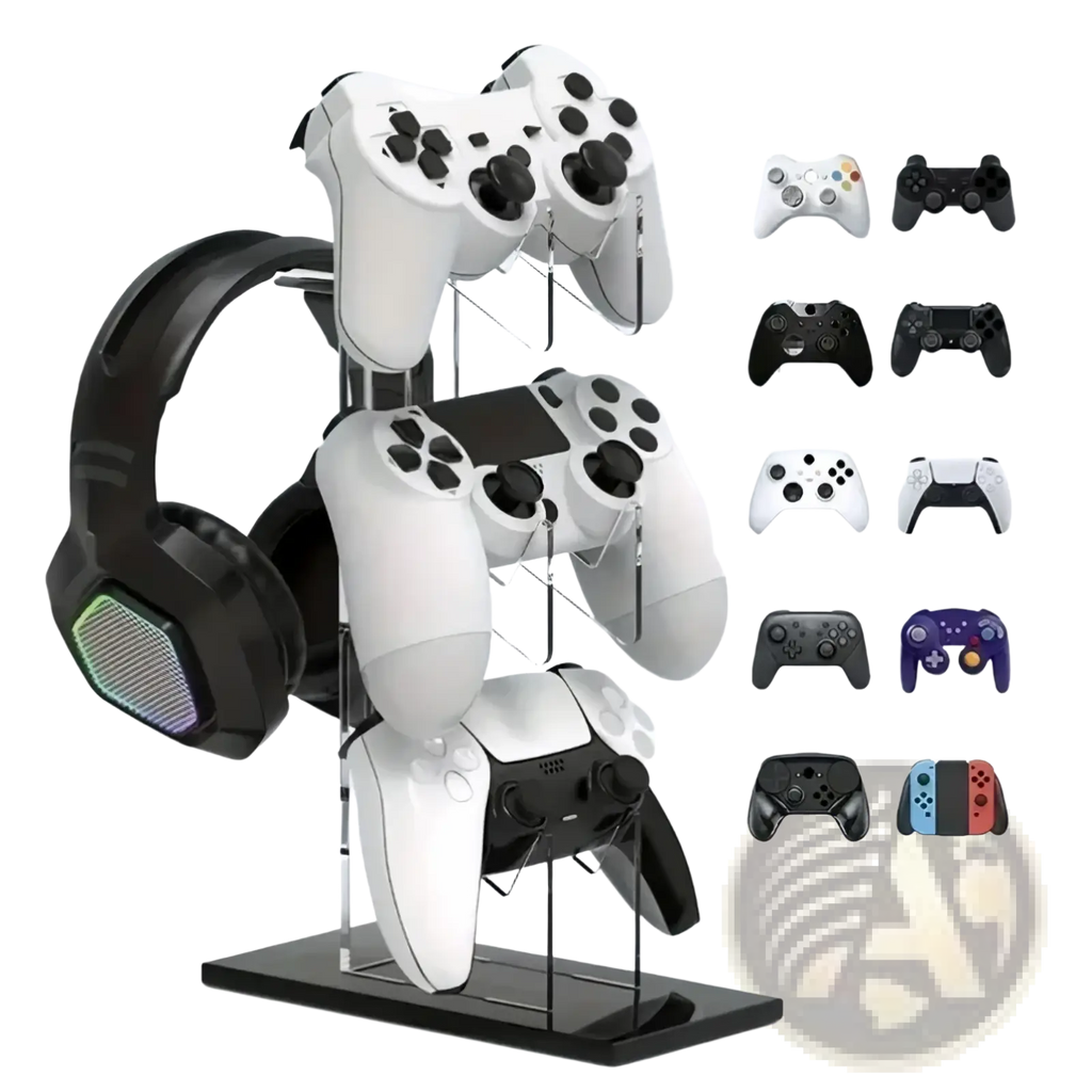 Clear acrylic gaming controller stand and headset holder with black base holding white PlayStation controllers and black RGB headphones