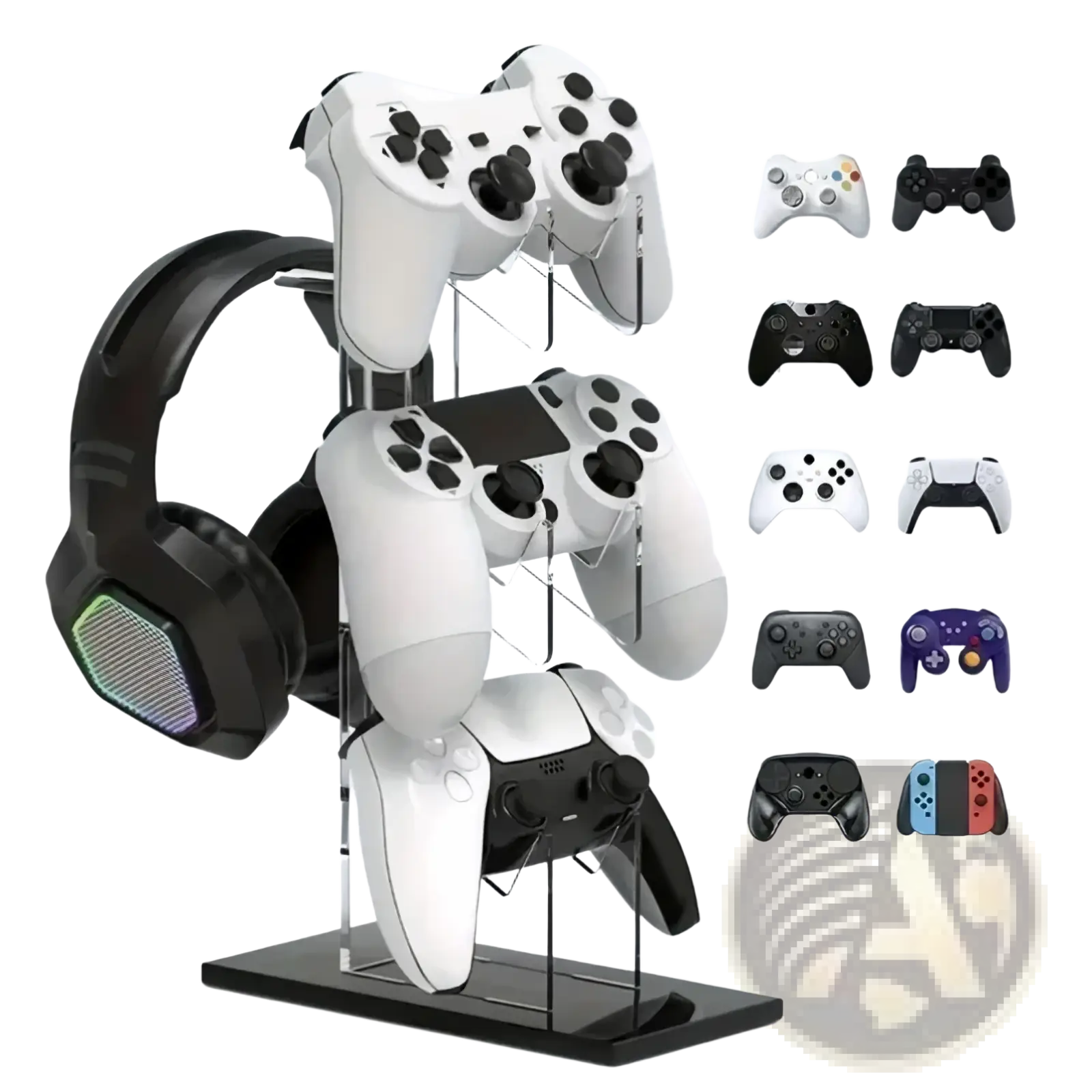Clear acrylic gaming controller stand and headset holder with black base holding white PlayStation controllers and black RGB headphones