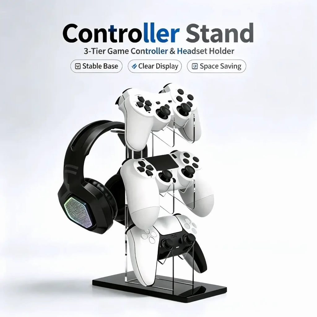 Clear acrylic three-tier gaming controller stand and headset holder with black base holding white controllers and black headset