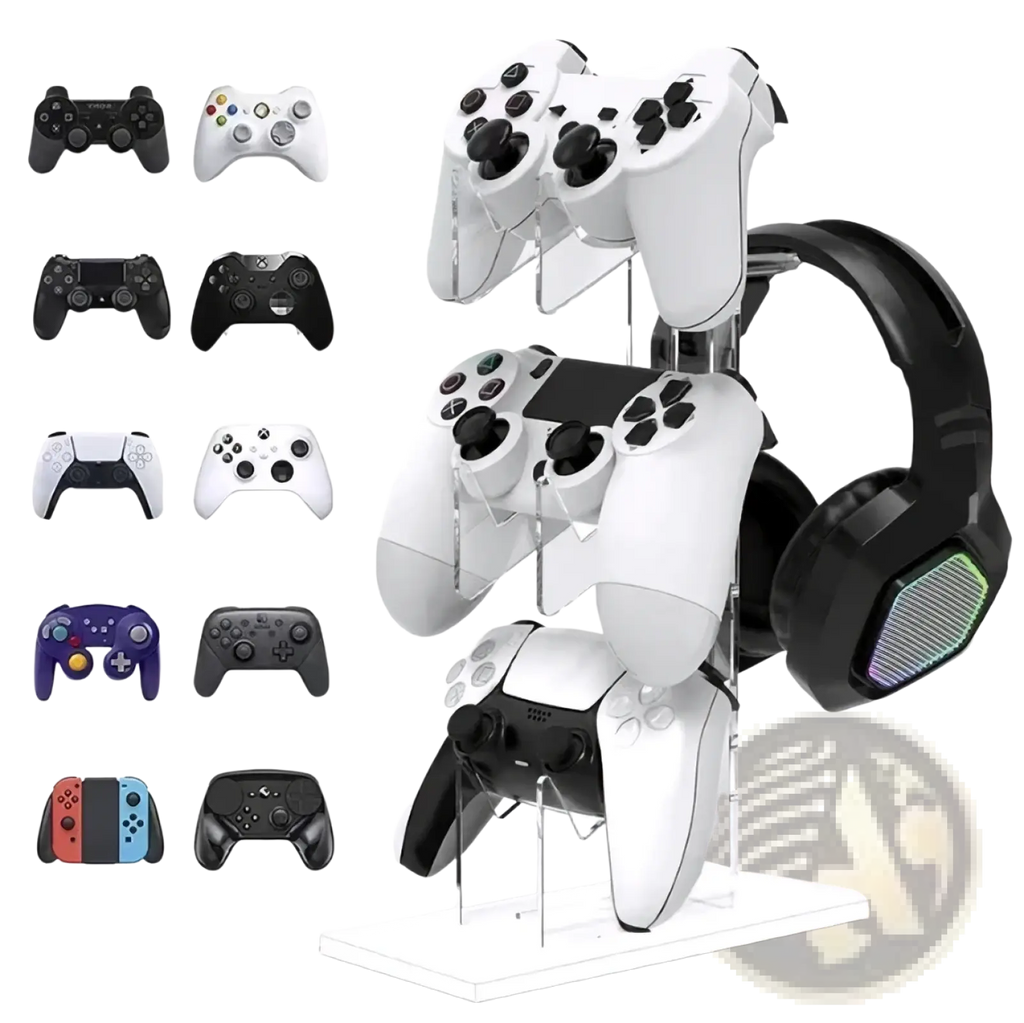 Clear acrylic gaming controller stand and headset holder displaying multiple white PlayStation controllers and a black RGB headset