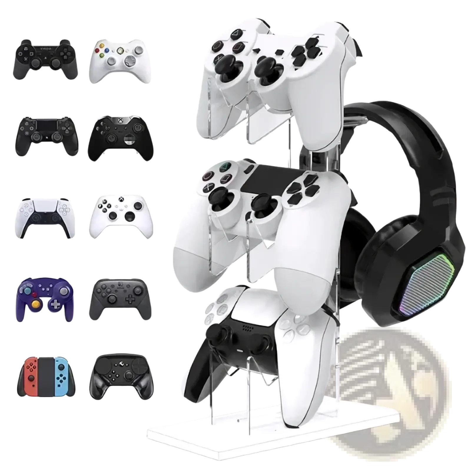 Clear acrylic gaming controller stand and headset holder displaying multiple white PlayStation controllers and a black RGB headset