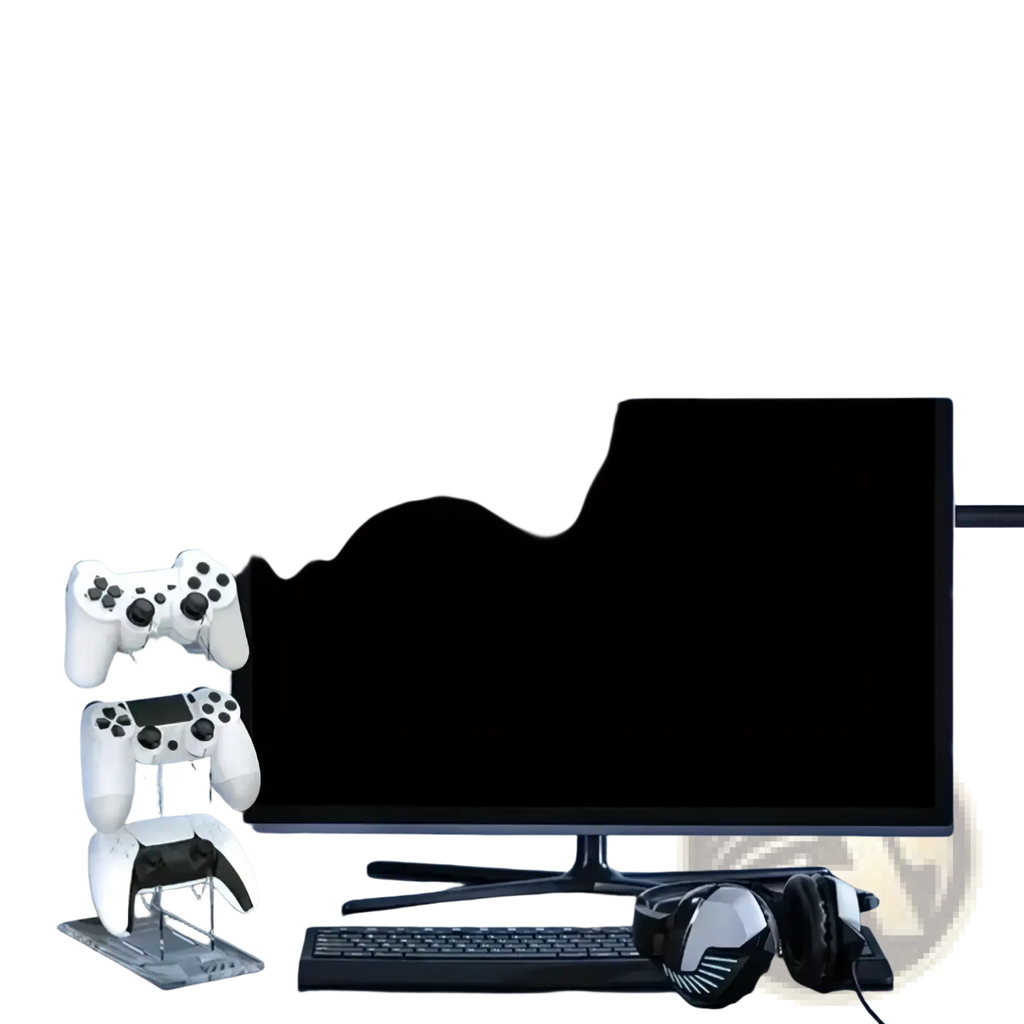 White acrylic gaming controller stand and headset holder displaying three plastic PlayStation controllers