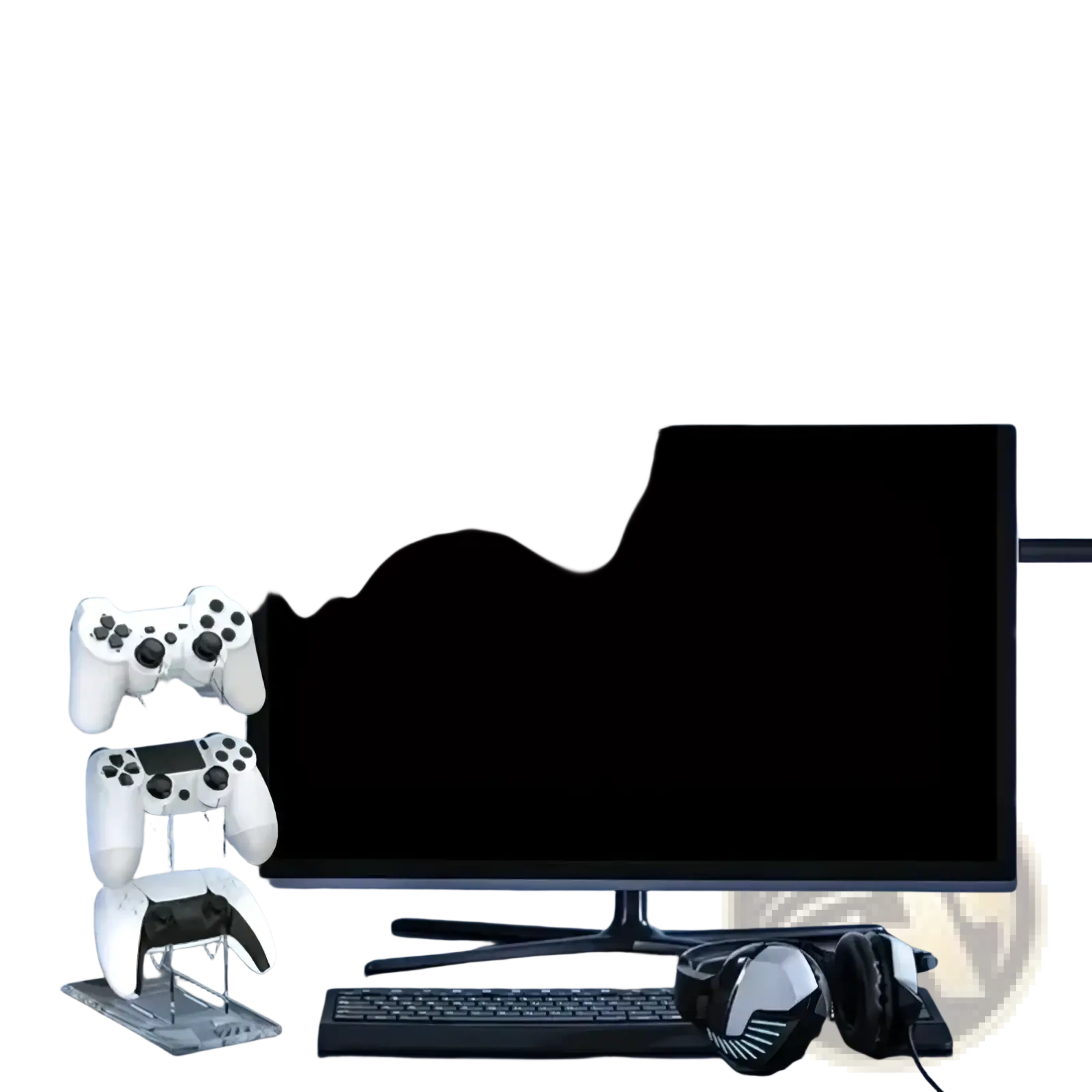 White acrylic gaming controller stand and headset holder displaying three plastic PlayStation controllers