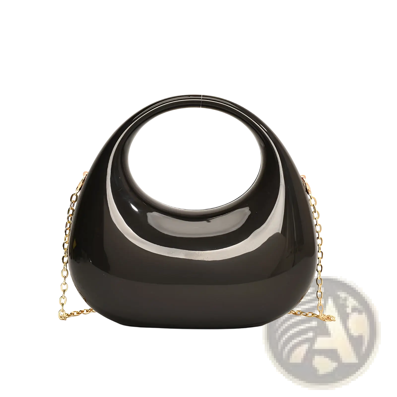 A sleek glossy black acrylic clutch handbag with a distinctive circular handle and gold-toned chain strap