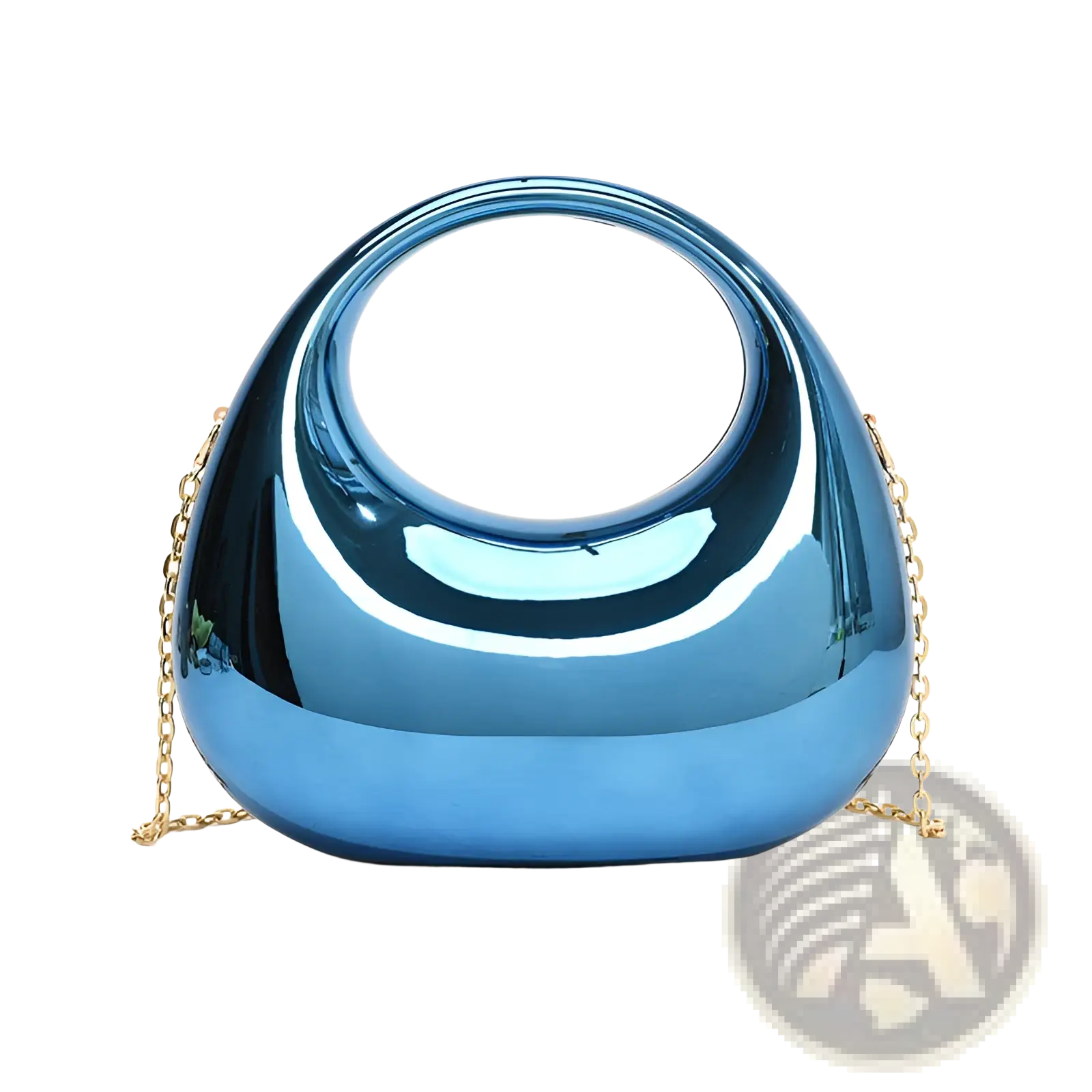 A glossy blue metallic acrylic clutch bag with a circular handle and gold chain strap for elegant occasions