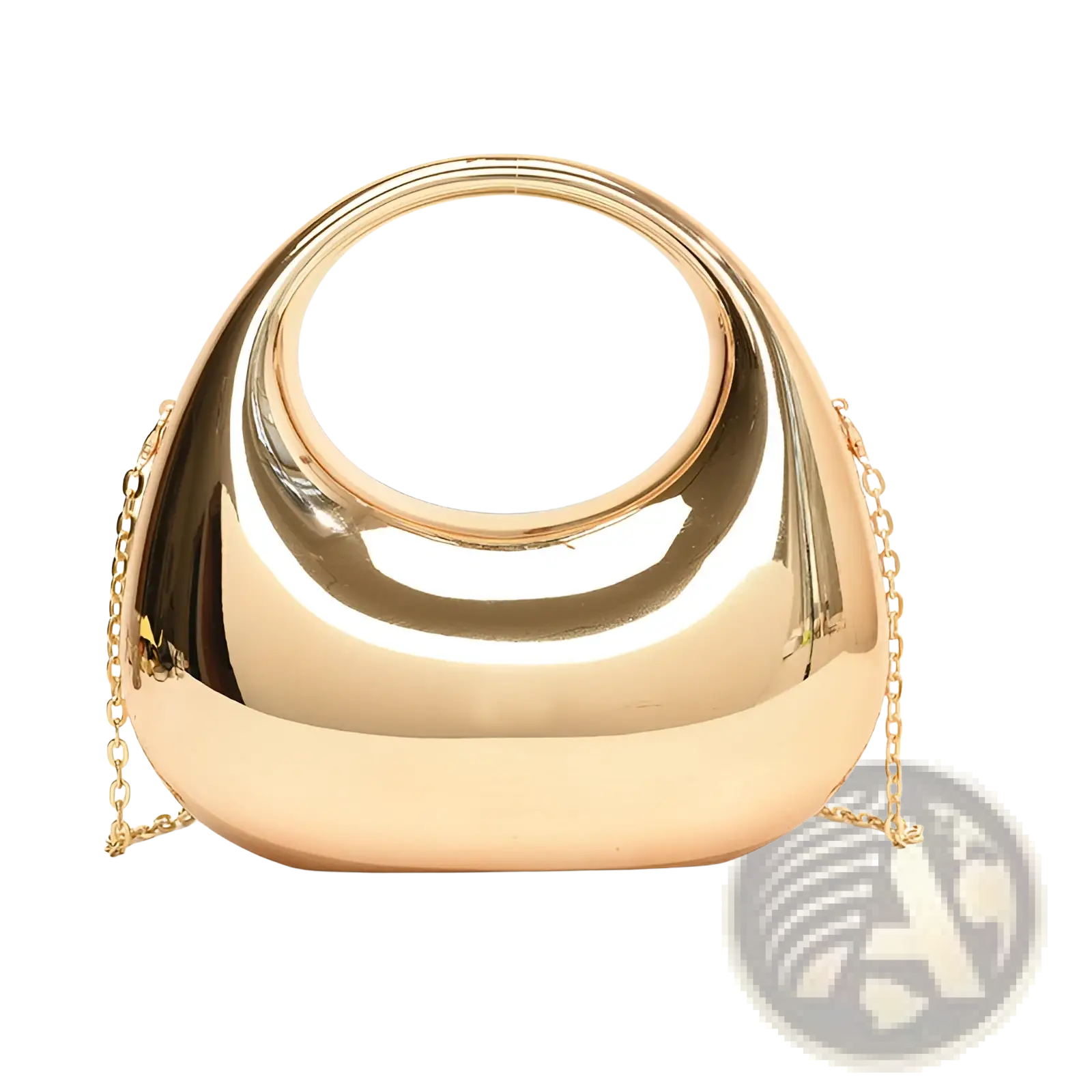 Acrylic gold chain handbag metallic clutch bag in gold with a sleek rounded design and prominent circular handle