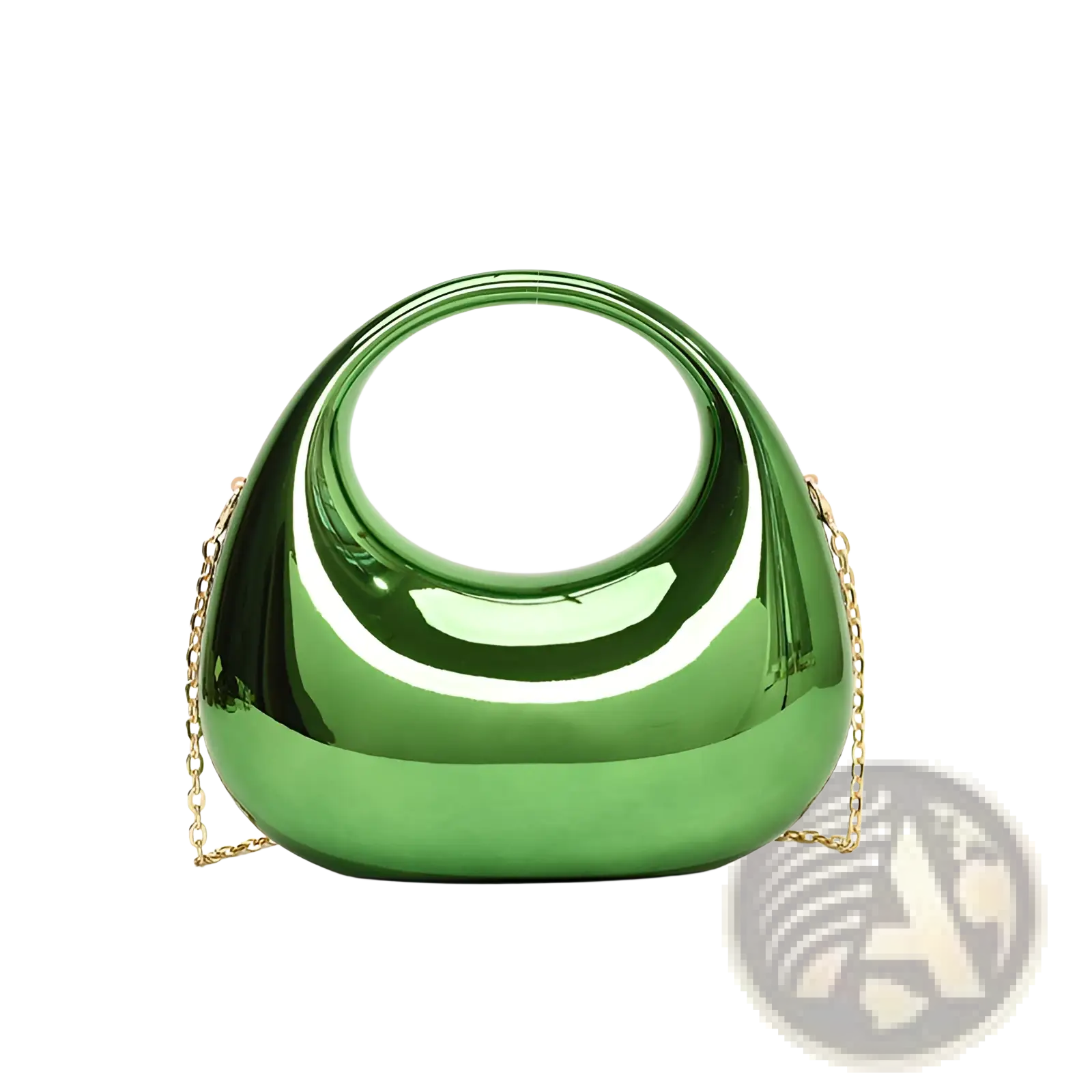 Acrylic gold chain handbag featuring a glossy emerald green metallic clutch with a sleek modern design and gold-toned chain strap