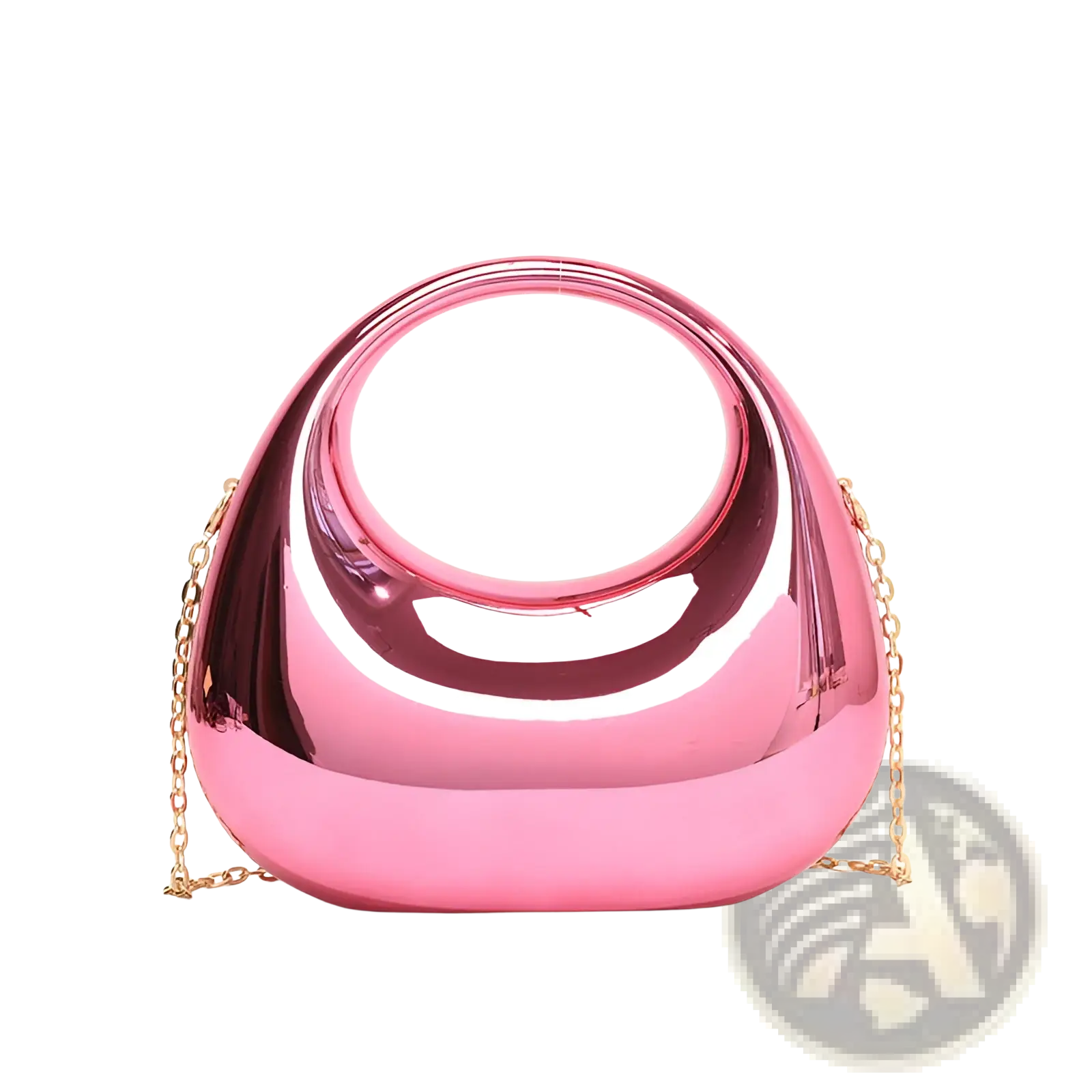 A glossy pink metallic acrylic clutch bag with a circular handle and acrylic gold chain strap for evening use