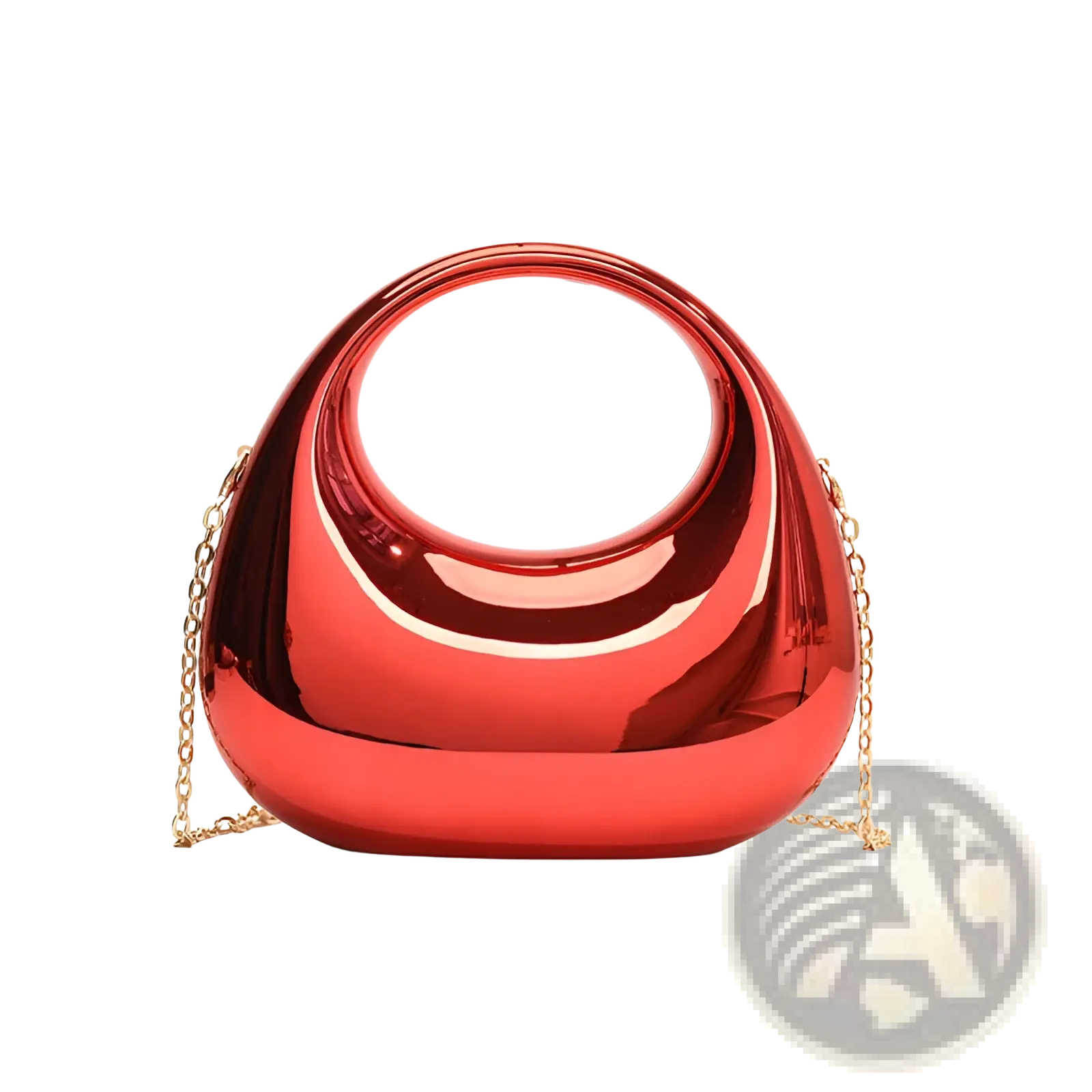 A glossy red metallic acrylic clutch bag with a sleek modern design and gold chain strap for elegant occasions