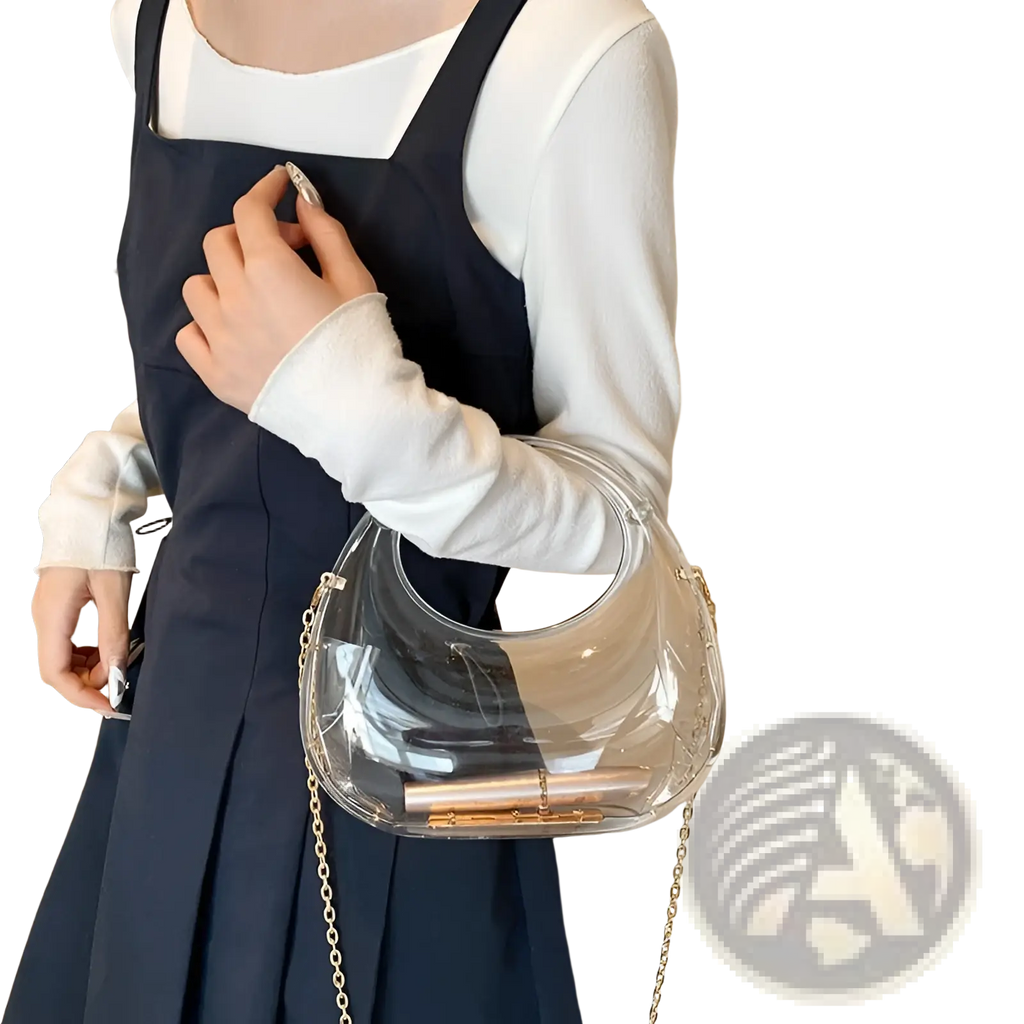 Clear acrylic handbag with gold-tone chain strap and circular handle metallic clutch bag for elegant use
