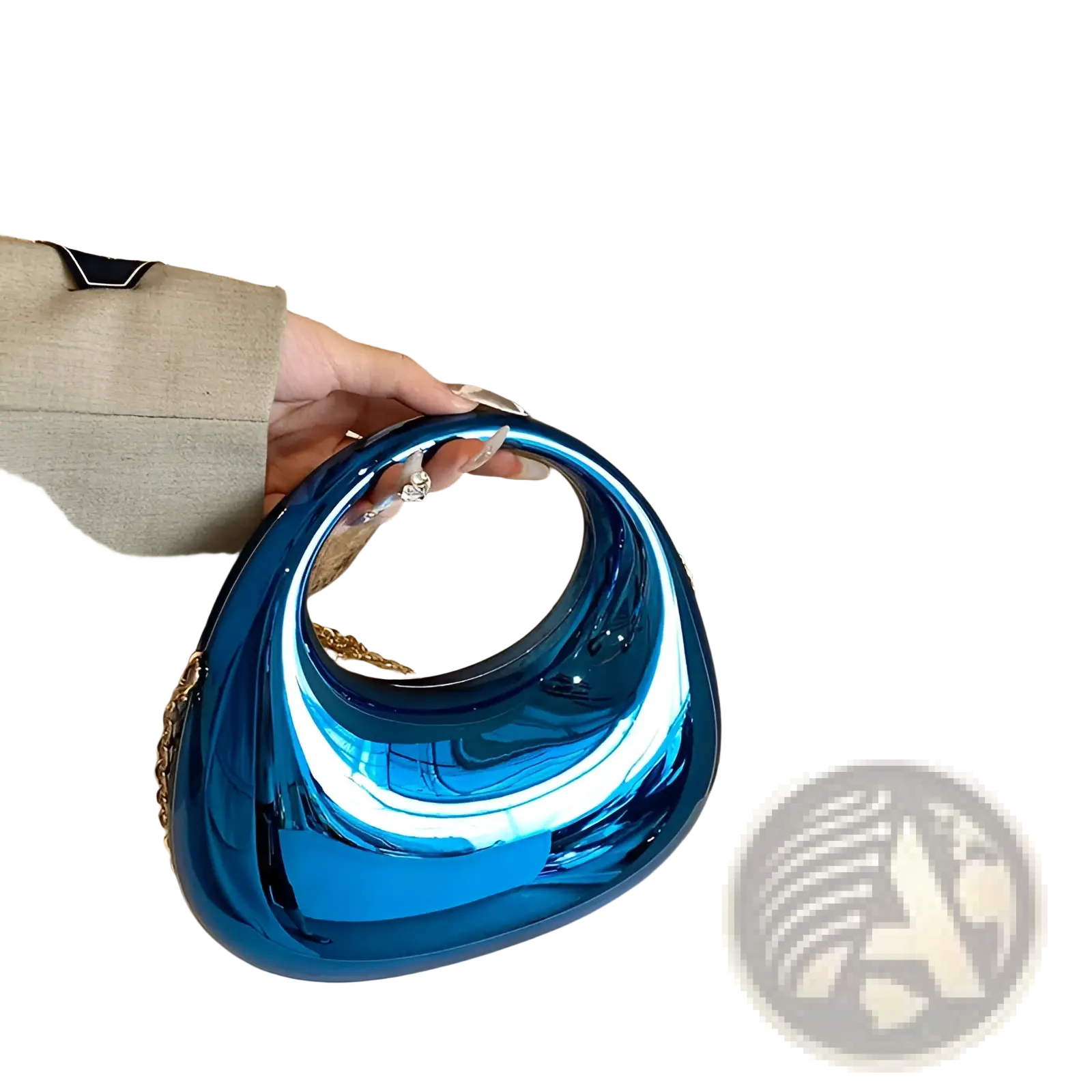Acrylic gold chain handbag featuring a glossy vibrant blue metallic clutch bag with a sleek curved handle