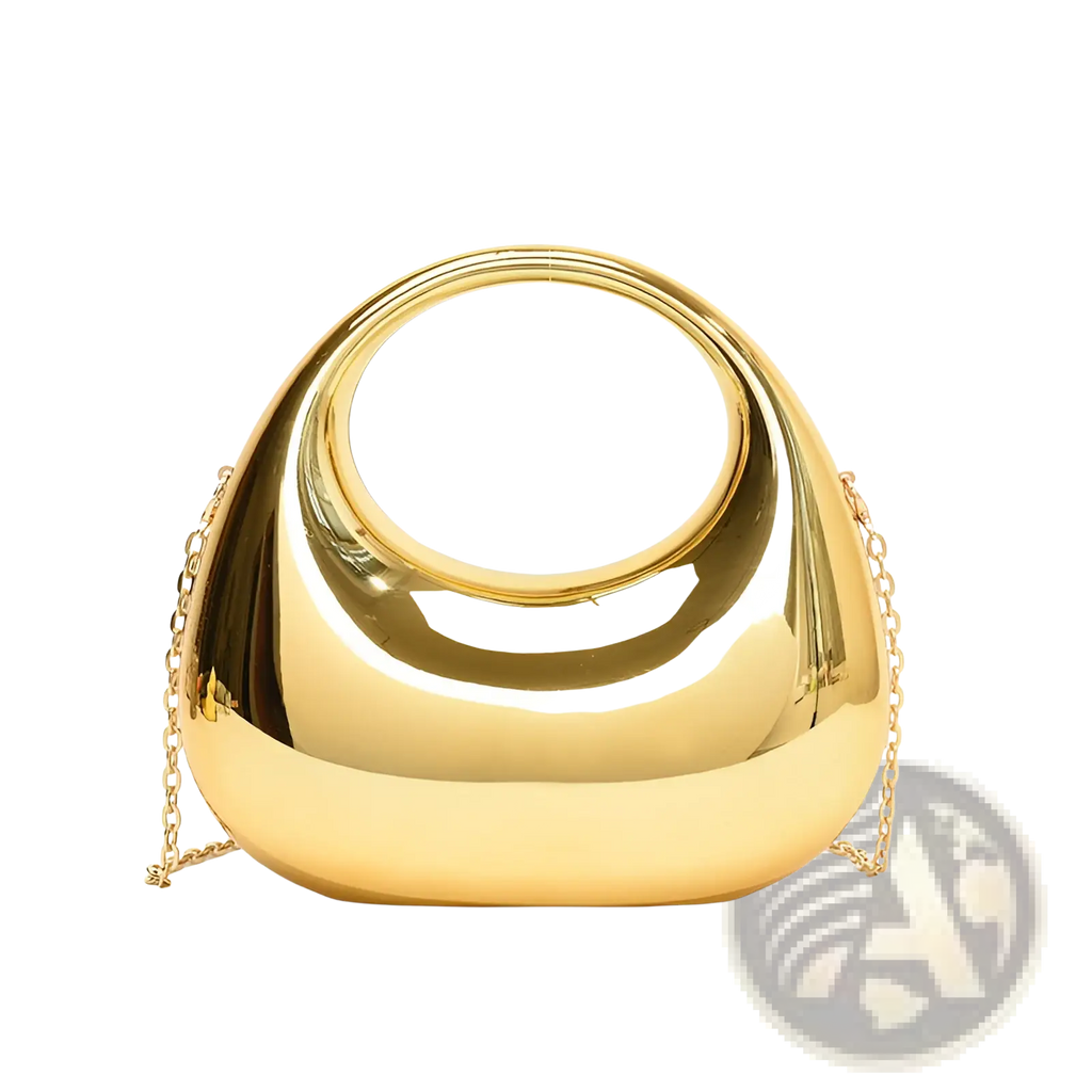 Shiny gold metallic clutch bag with circular handle and acrylic gold chain strap for elegant occasions