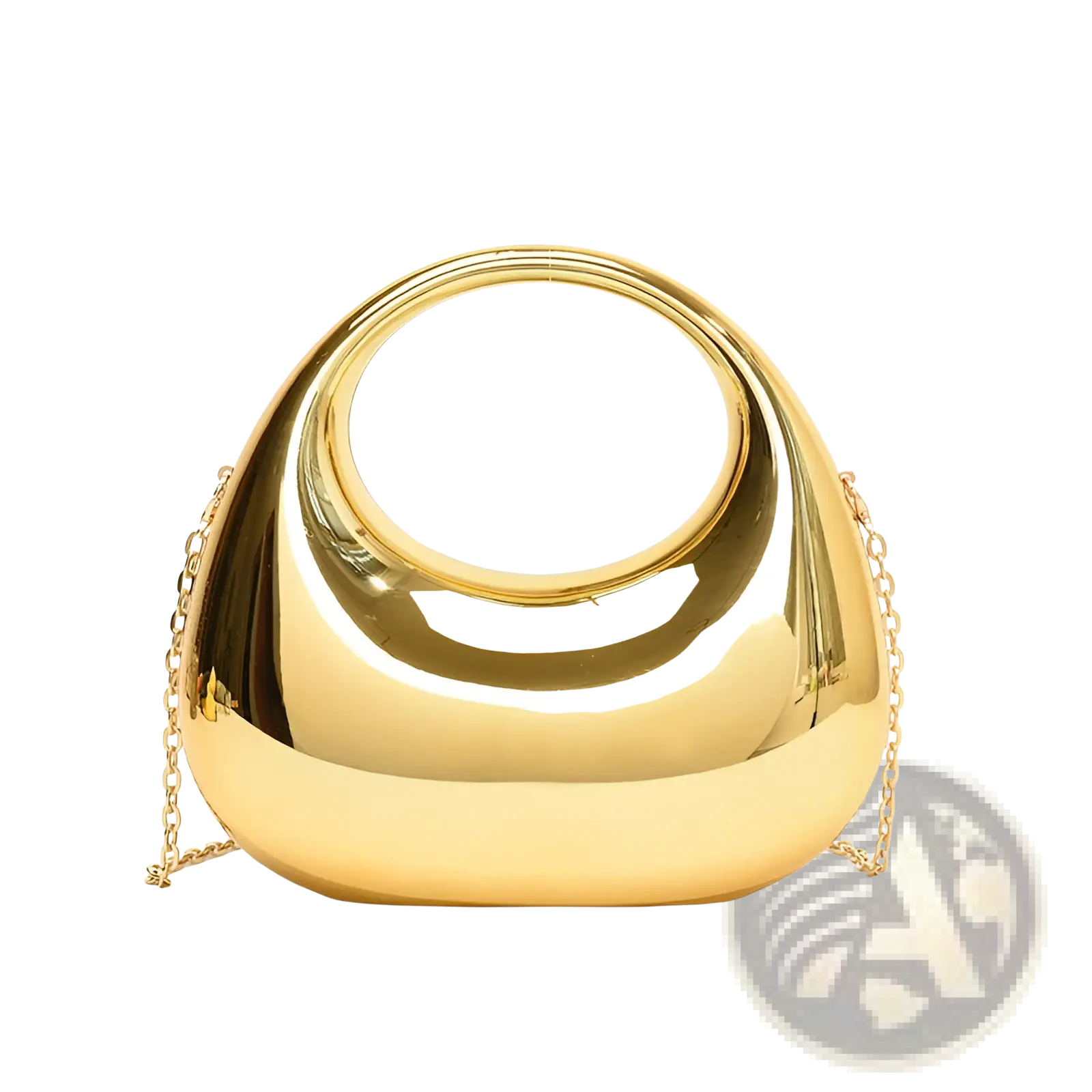 Shiny gold metallic clutch bag with circular handle and acrylic gold chain strap for elegant occasions