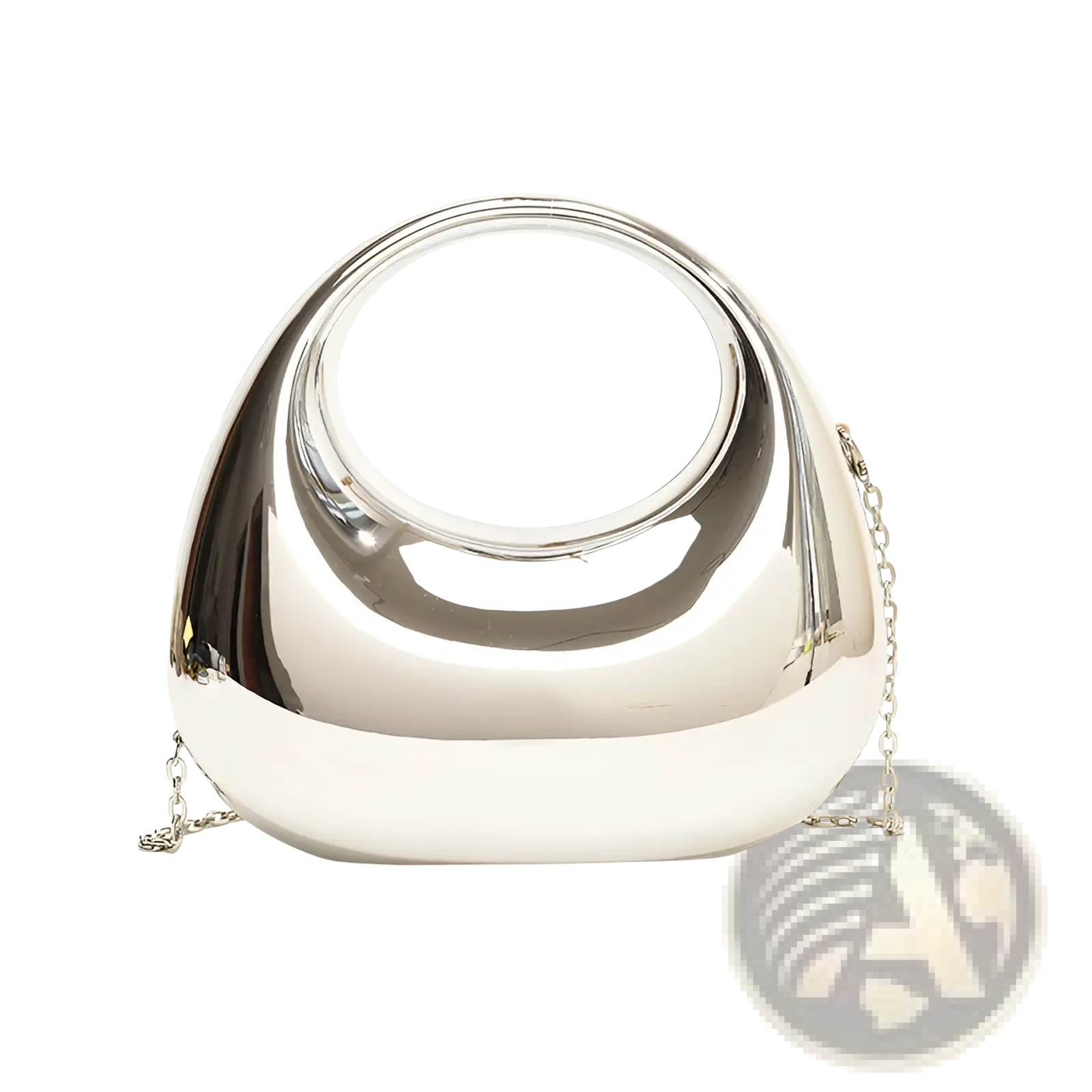 Shiny silver metallic clutch bag with a distinctive circular cutout and acrylic gold chain strap for elegant use