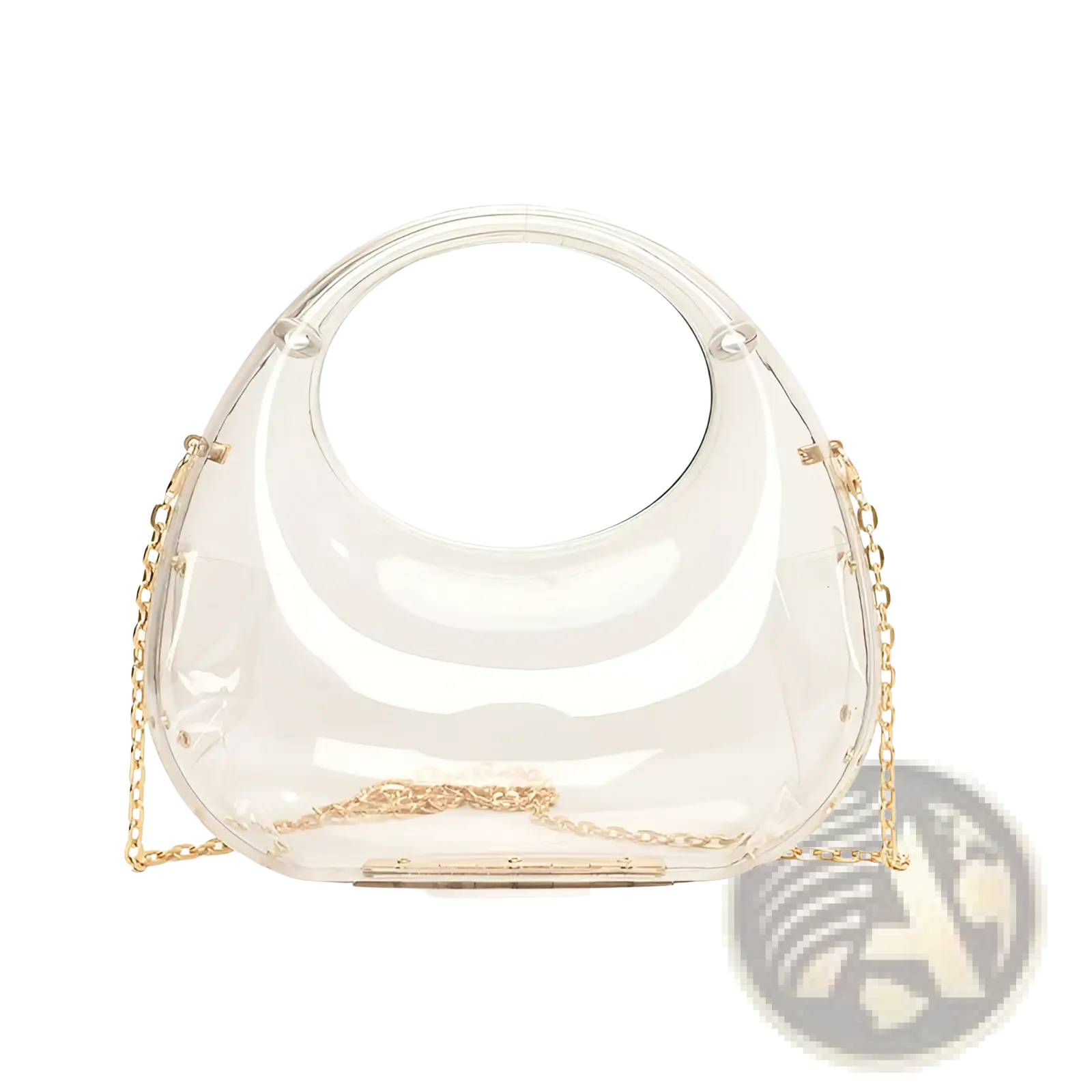 Clear acrylic handbag with gold-tone chain strap and circular handle metallic clutch bag for stylish occasions