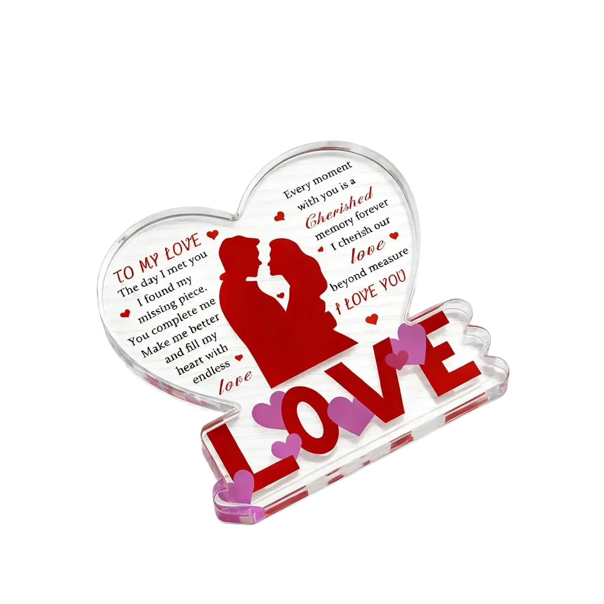 Clear acrylic heart keepsake with red and purple laser-etched romantic message for valentine gift
