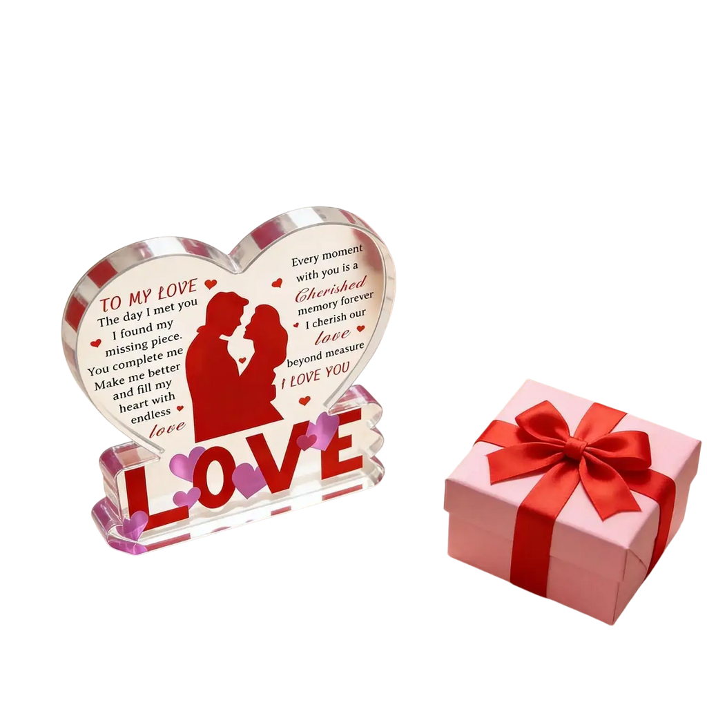 Clear heart-shaped acrylic keepsake with red and purple engraved love message and silhouette design for valentine gift