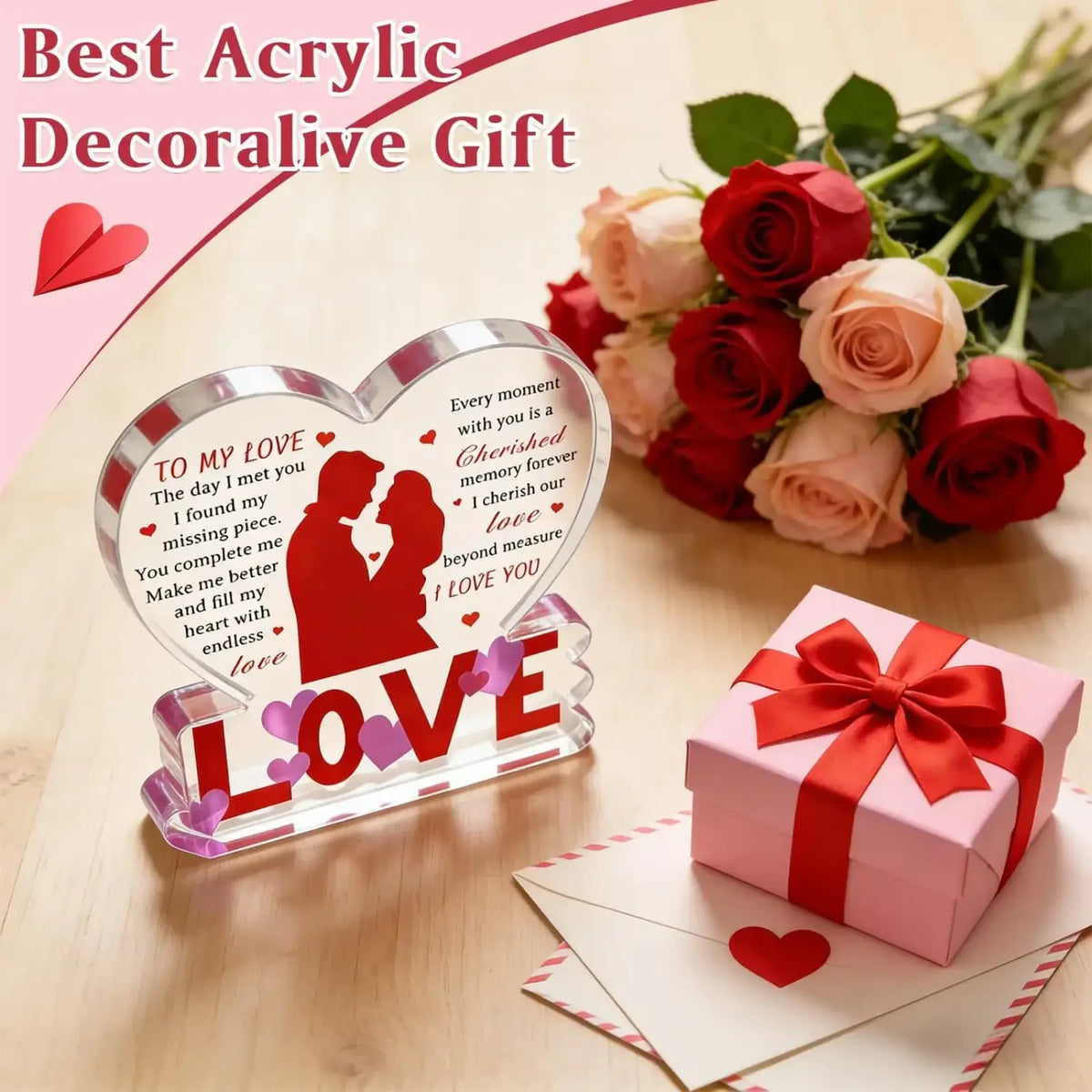 Clear heart-shaped acrylic keepsake with red and purple engraved love message and silhouette design for valentine gift