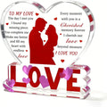 Clear heart-shaped acrylic love plaque with red couple silhouette and engraved romantic text for valentine gift