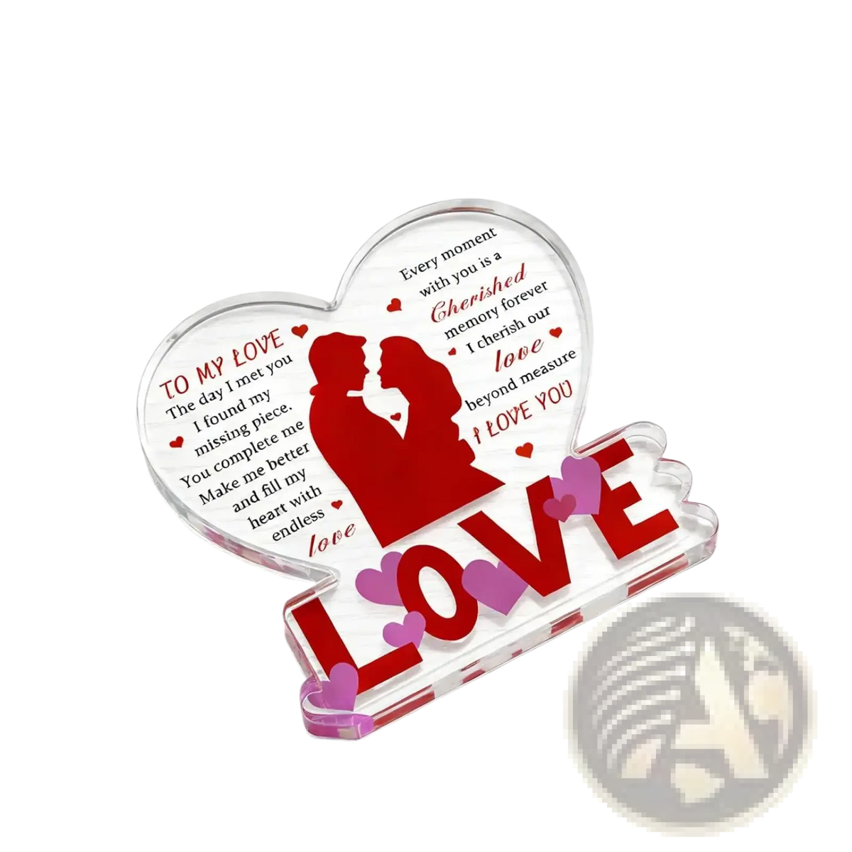 Clear acrylic heart keepsake with red and purple laser-etched romantic message for valentine gift