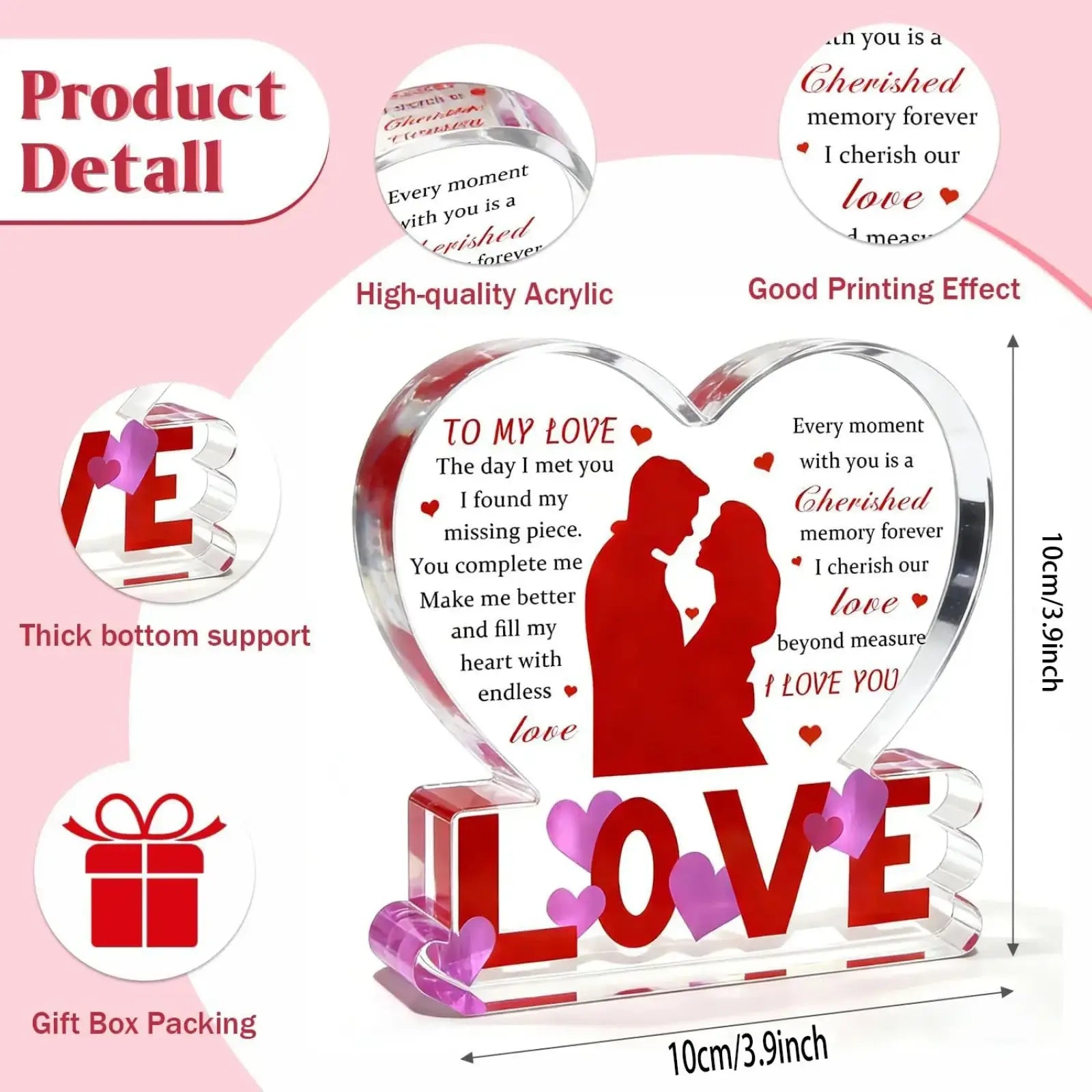 Clear heart-shaped acrylic keepsake with red engraved couple silhouette and love text for romantic valentine gift