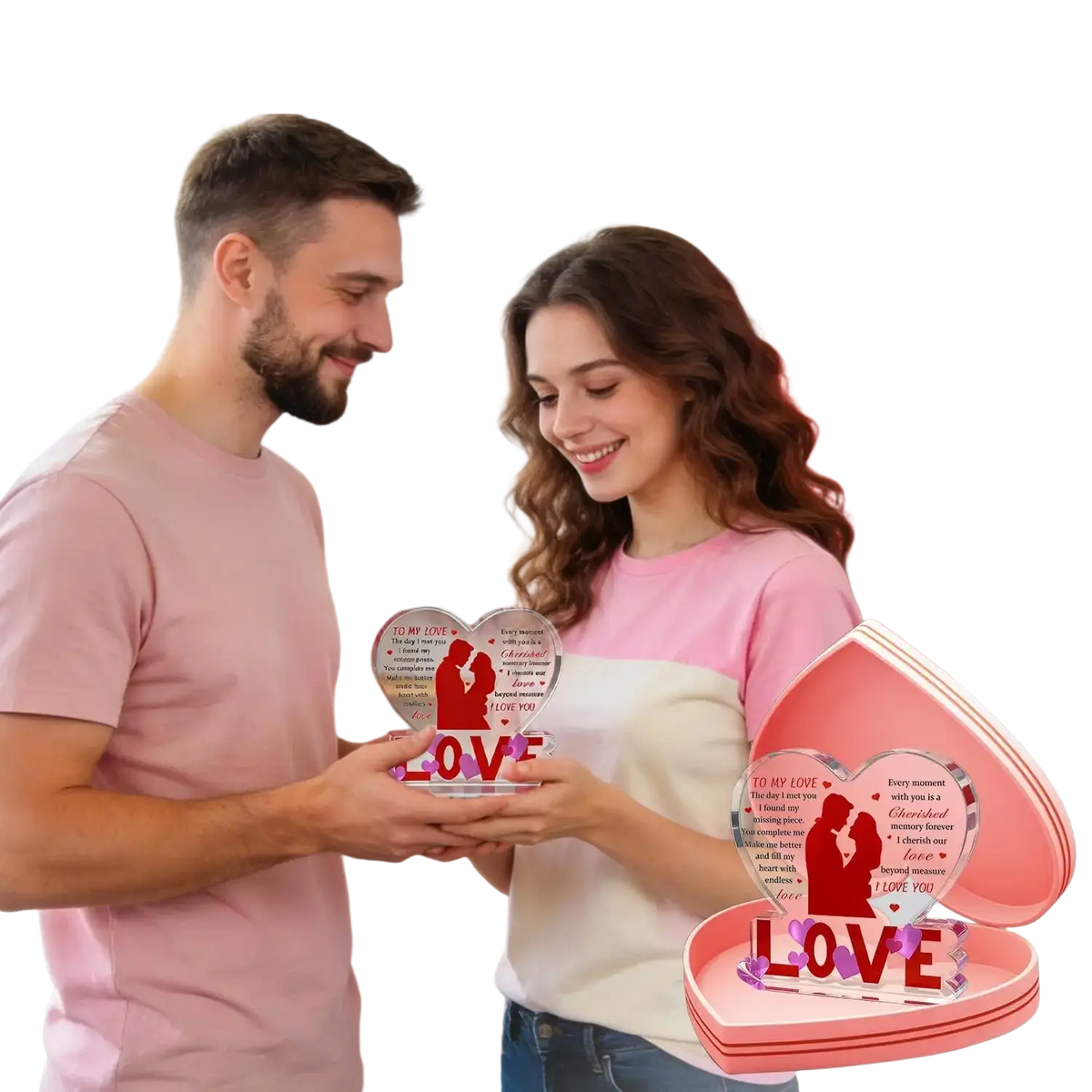 Pink heart-shaped acrylic keepsake box with clear insert showing red couple silhouette and bold love text for valentine gift