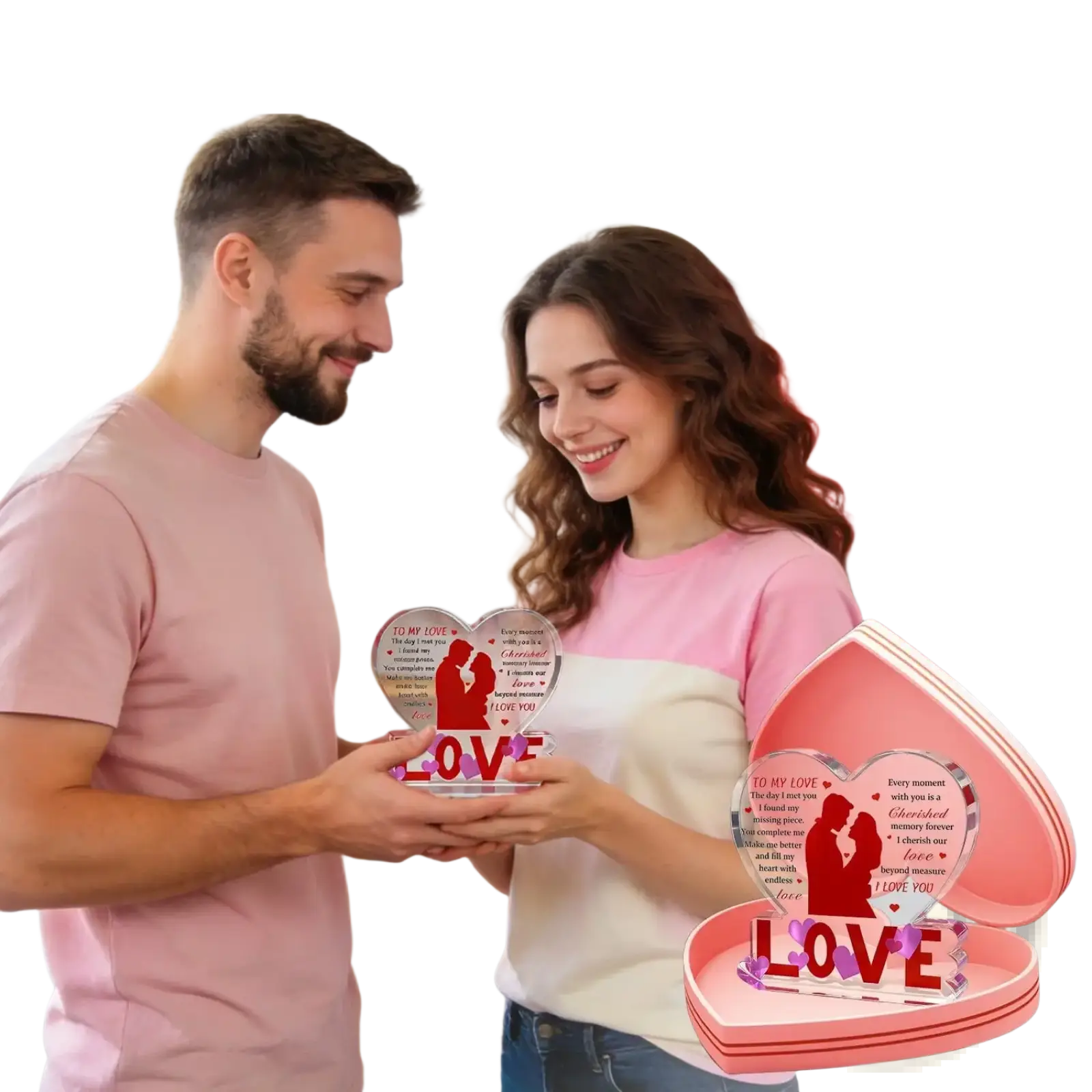 Pink heart-shaped acrylic keepsake box with clear insert showing red couple silhouette and bold love text for valentine gift