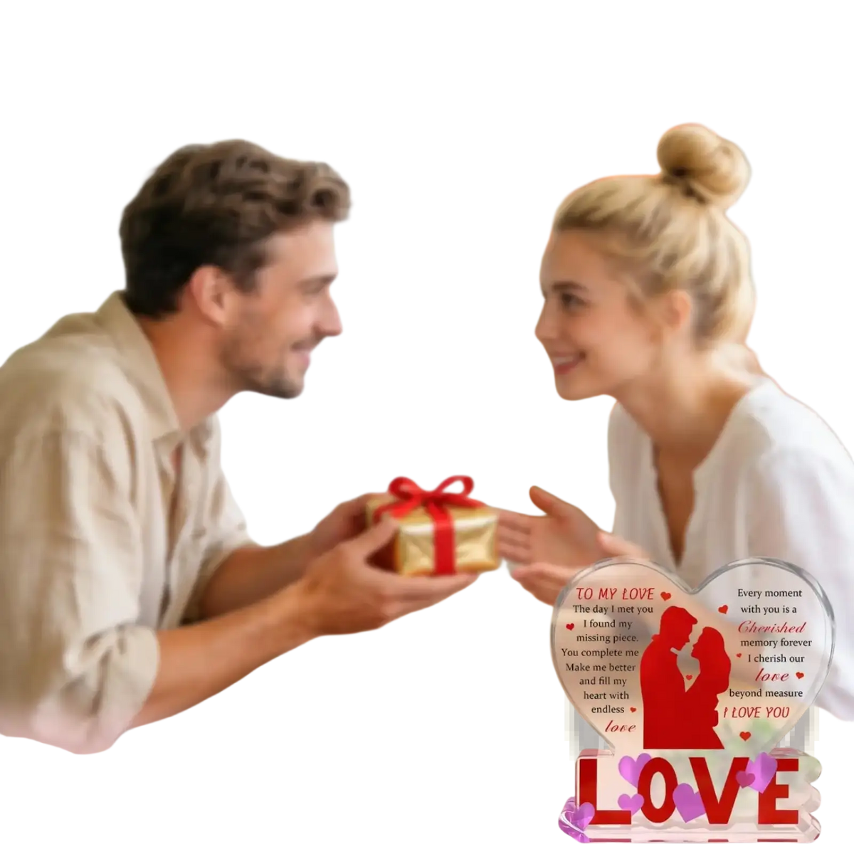 Acrylic heart keepsake with red couple silhouette and engraved romantic message framed by purple hearts and love text