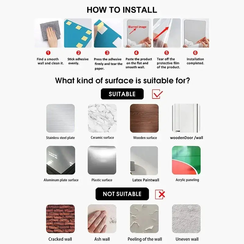 Acrylic hexagon wall sticker 45 pcs with clear installation instructions and surface compatibility guidelines