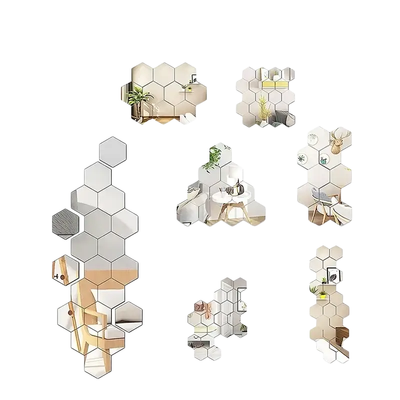 Acrylic hexagon wall sticker set of 45 clear reflective glass decals with sleek modern design for wall decoration