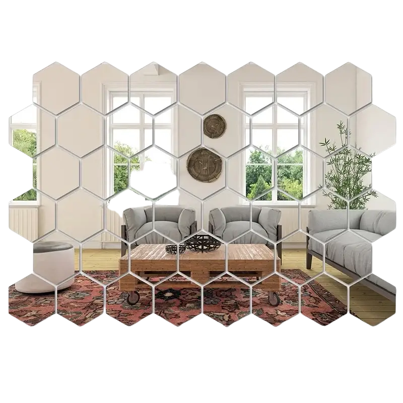 Acrylic hexagon wall sticker set of 45 pcs with reflective surfaces and silver metallic frames for wall decoration