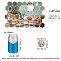 Set of 45 acrylic hexagon wall stickers with reflective surface, each measuring 4.6 x 2.3 cm for easy application
