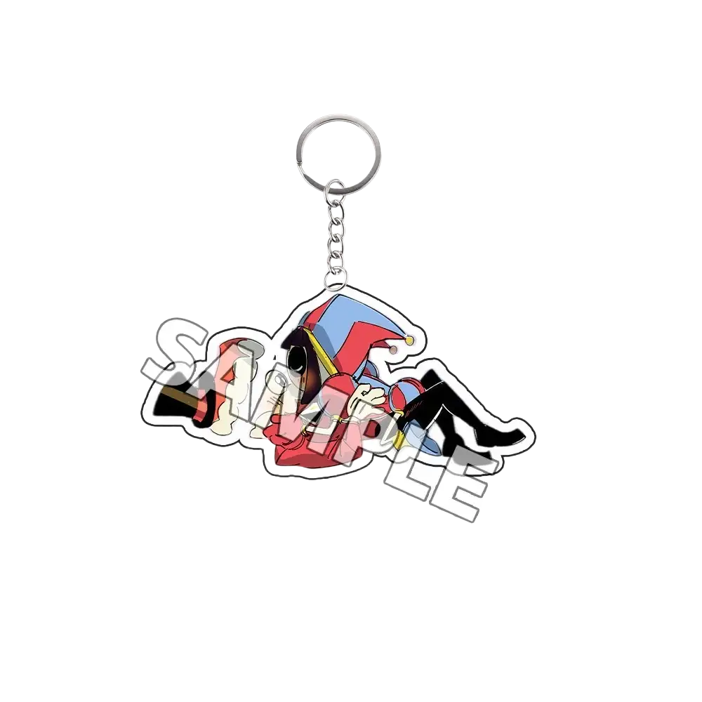 Acrylic keychain finished goods featuring a colorful anime-style jester character in red blue and black