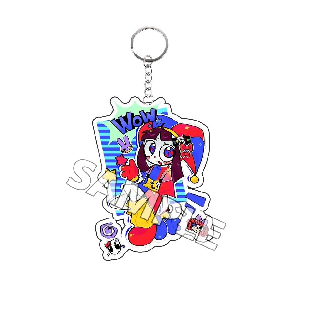 Acrylic keychain finished goods featuring a colorful cartoon character with red and blue jester hat and yellow outfit