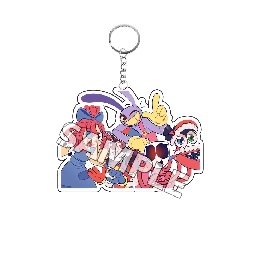 A colorful acrylic keychain finished goods featuring four cartoon characters with a santa hat and peace sign