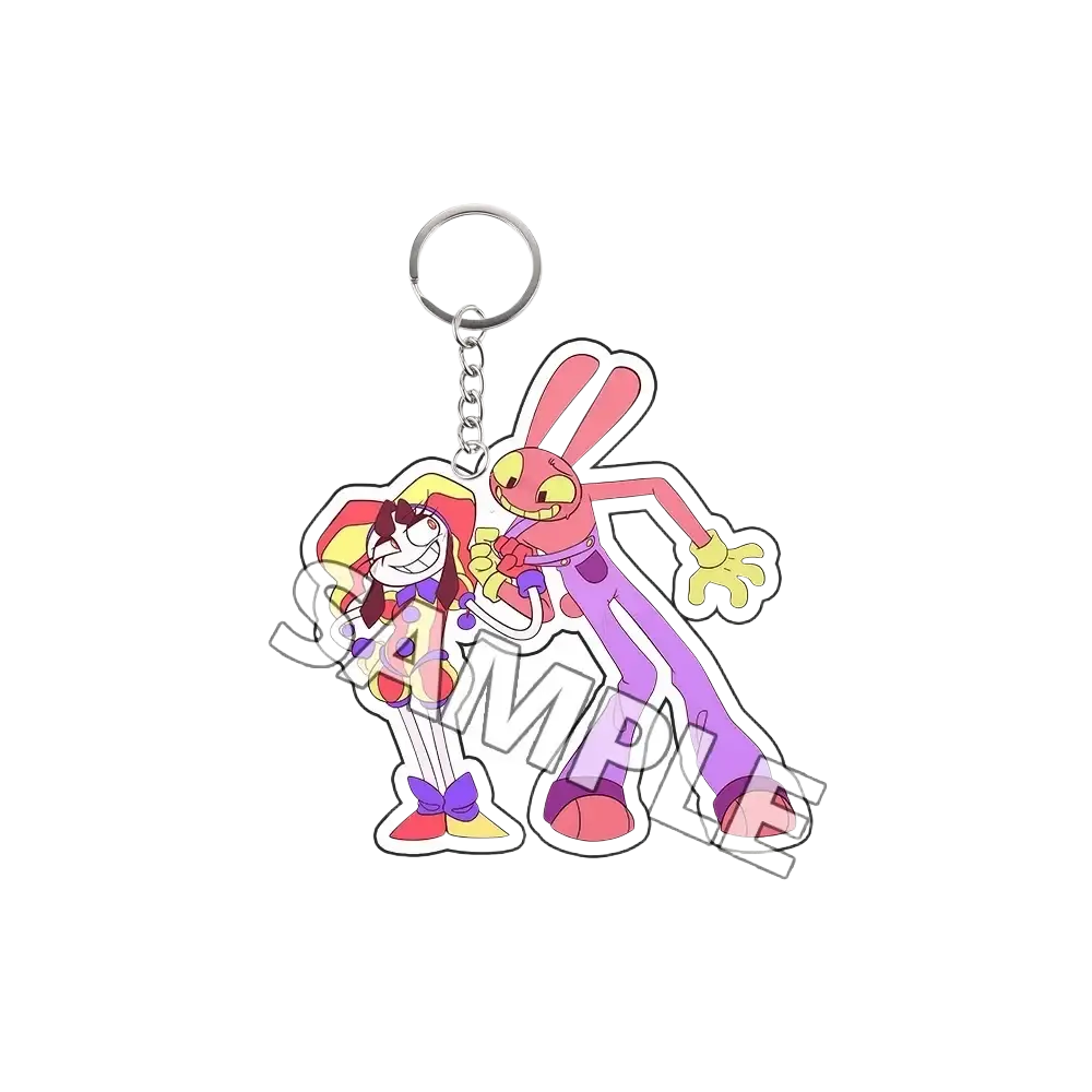 Acrylic keychain featuring colorful cartoon characters in yellow red and pink purple designs finished goods accessory