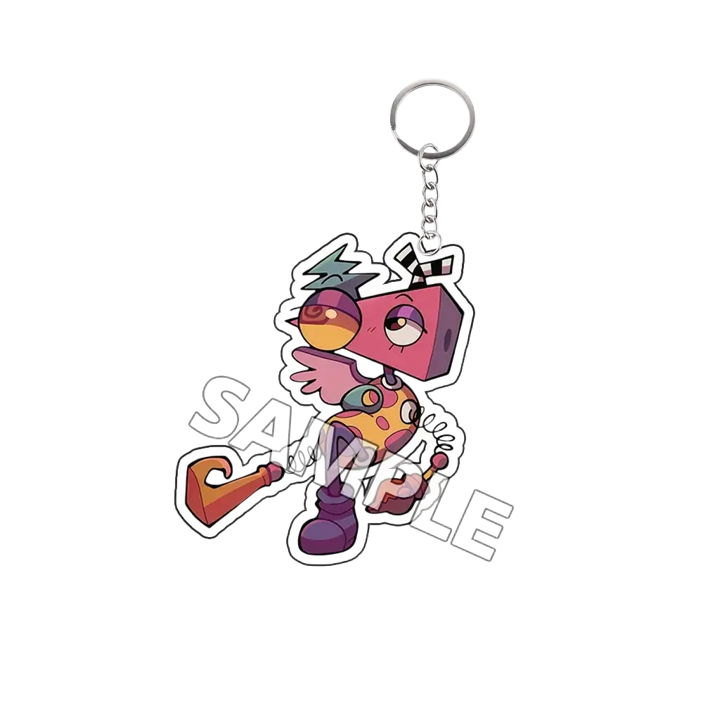 Acrylic keychain tadc cartoon character finished goods featuring a colorful design with a metallic ring and chain