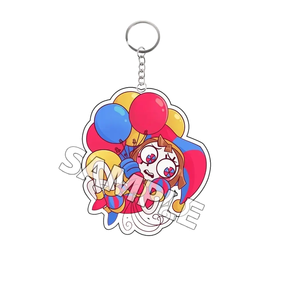 Acrylic keychain finished goods featuring a colorful cartoon clown with red blue and yellow balloons