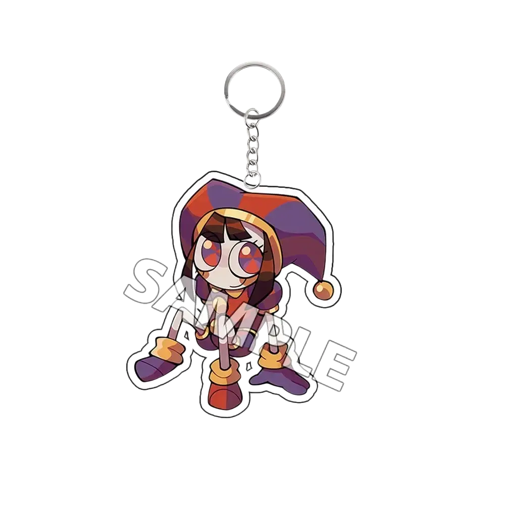 Acrylic keychain featuring tadc cartoon character in purple and orange jester hat attached to silver metal ring finished goods