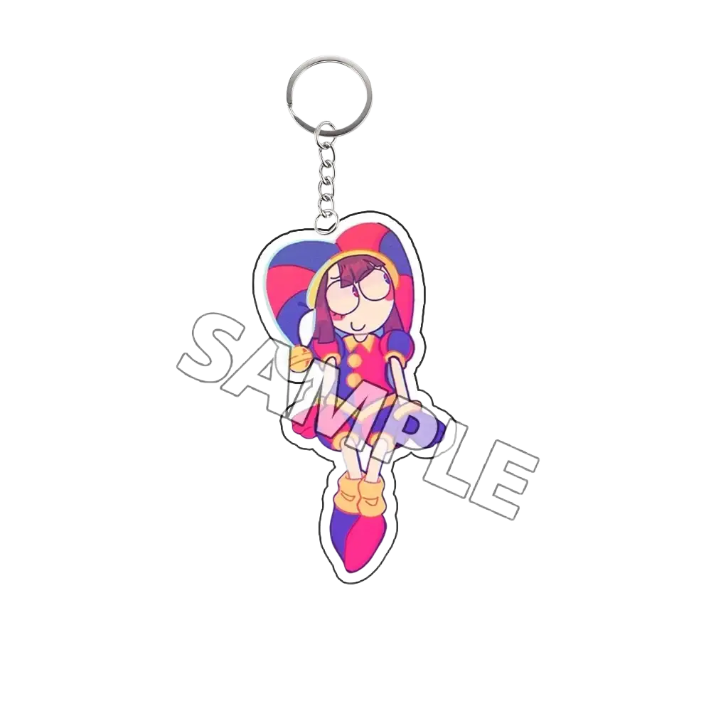 Colorful acrylic keychain with tadc cartoon character holding heart finished goods in red and blue outfit