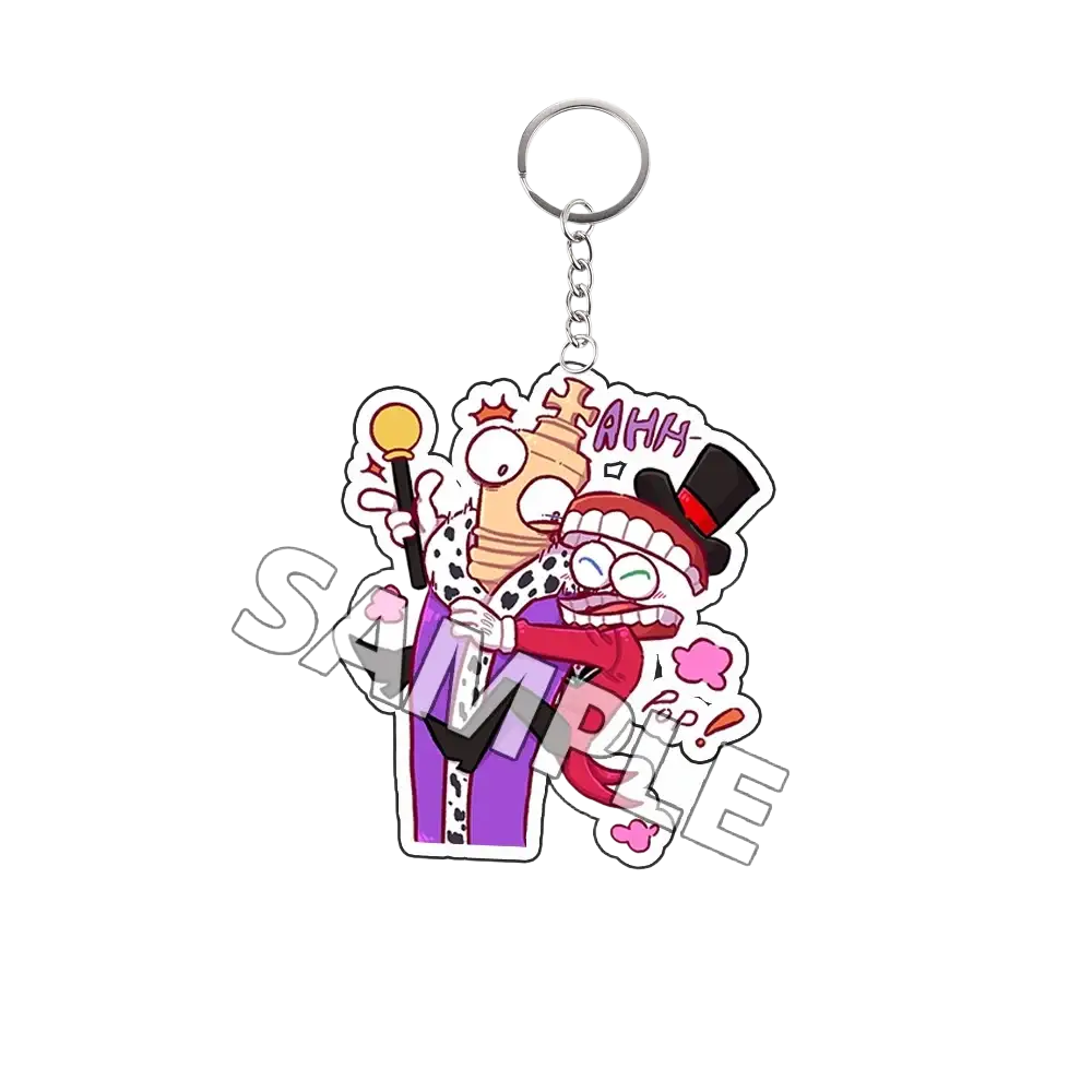 A colorful acrylic keychain featuring two cartoon characters in a playful embrace finished goods product