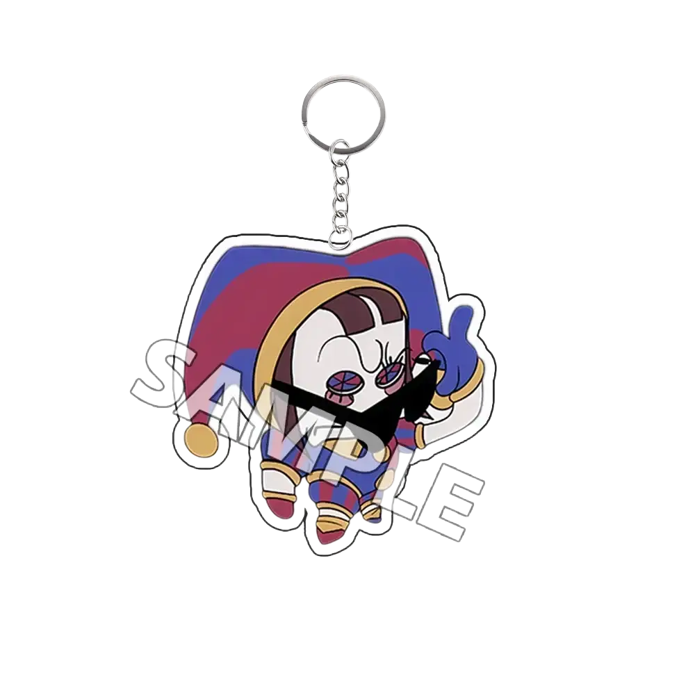 A colorful acrylic keychain featuring a cartoon character in a jester hat with red blue and gold accents finished goods