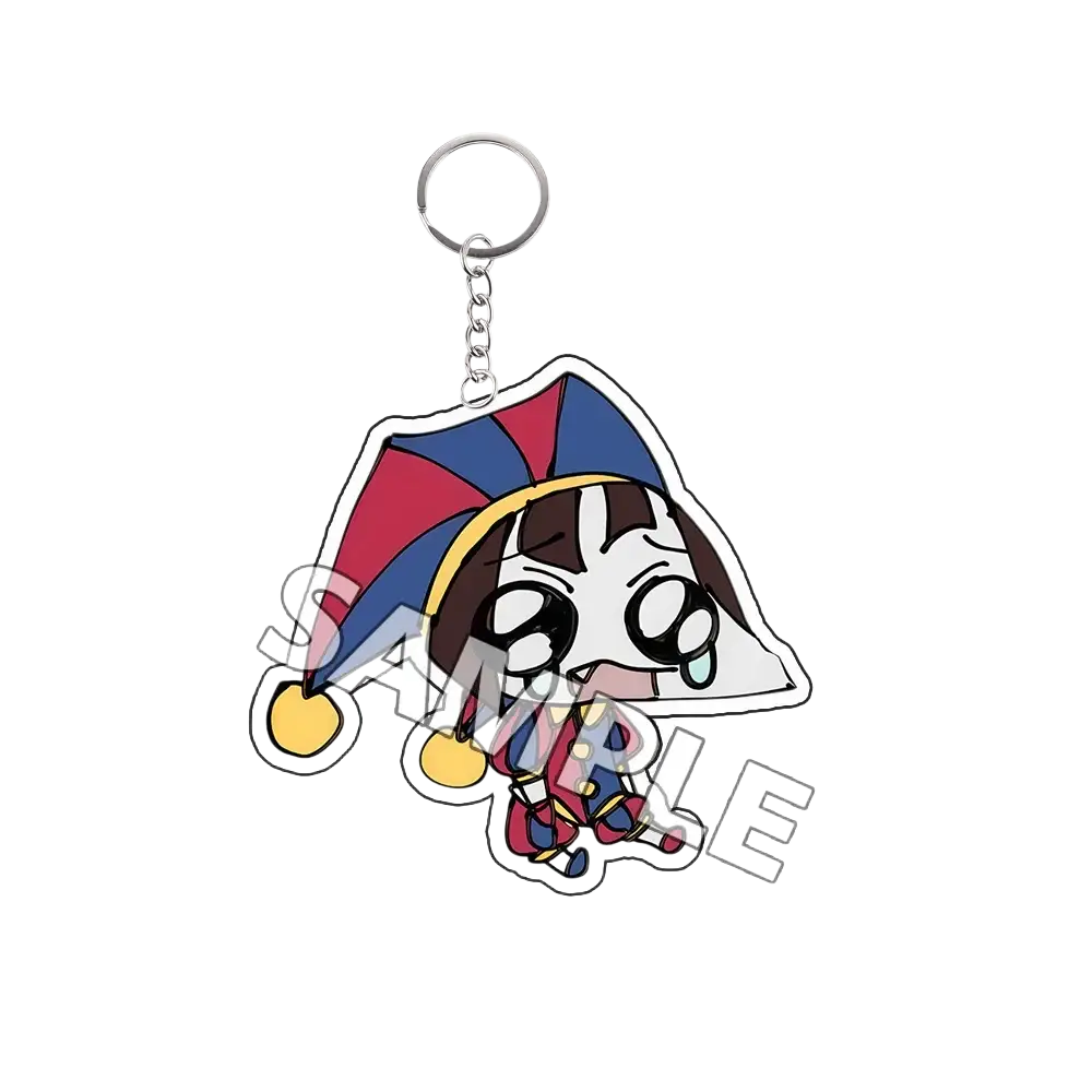 Acrylic keychain featuring a colorful cartoon character in a red and blue jester hat with yellow bells finished goods
