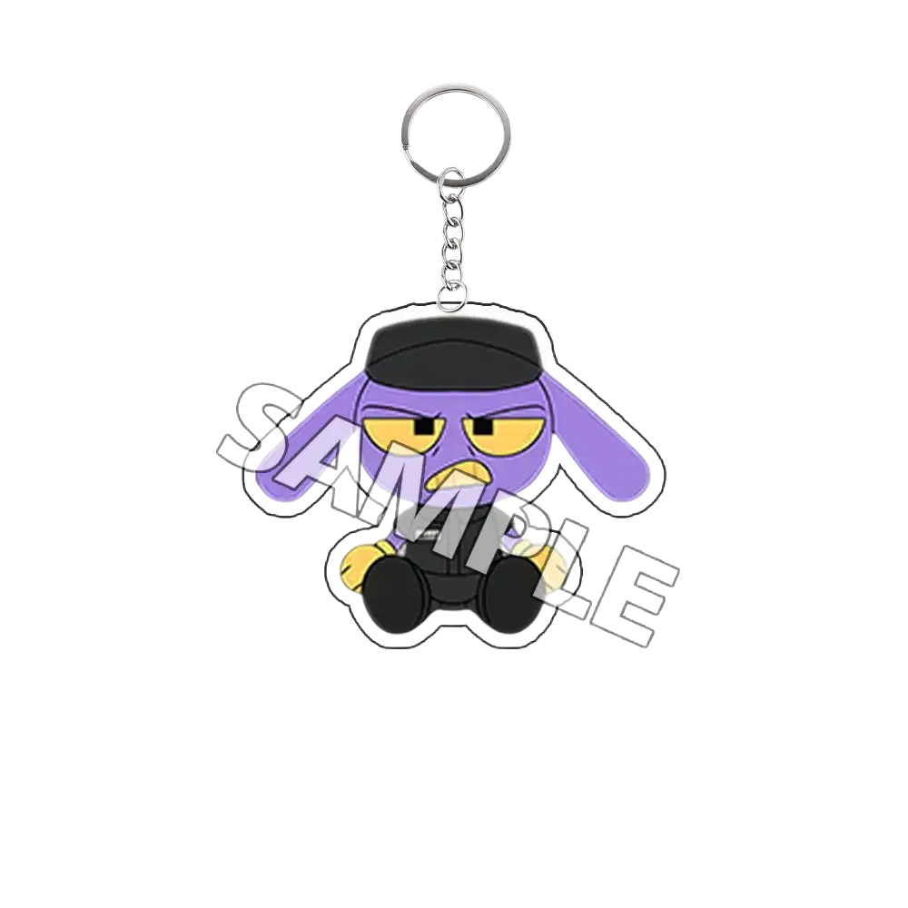 Purple acrylic keychain featuring tadc cartoon character with black hat and yellow eyes finished goods product