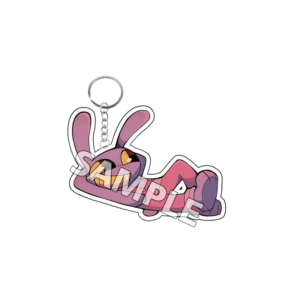 Purple bunny-shaped acrylic keychain with orange eyes and white outline as finished goods by Tadc cartoon character